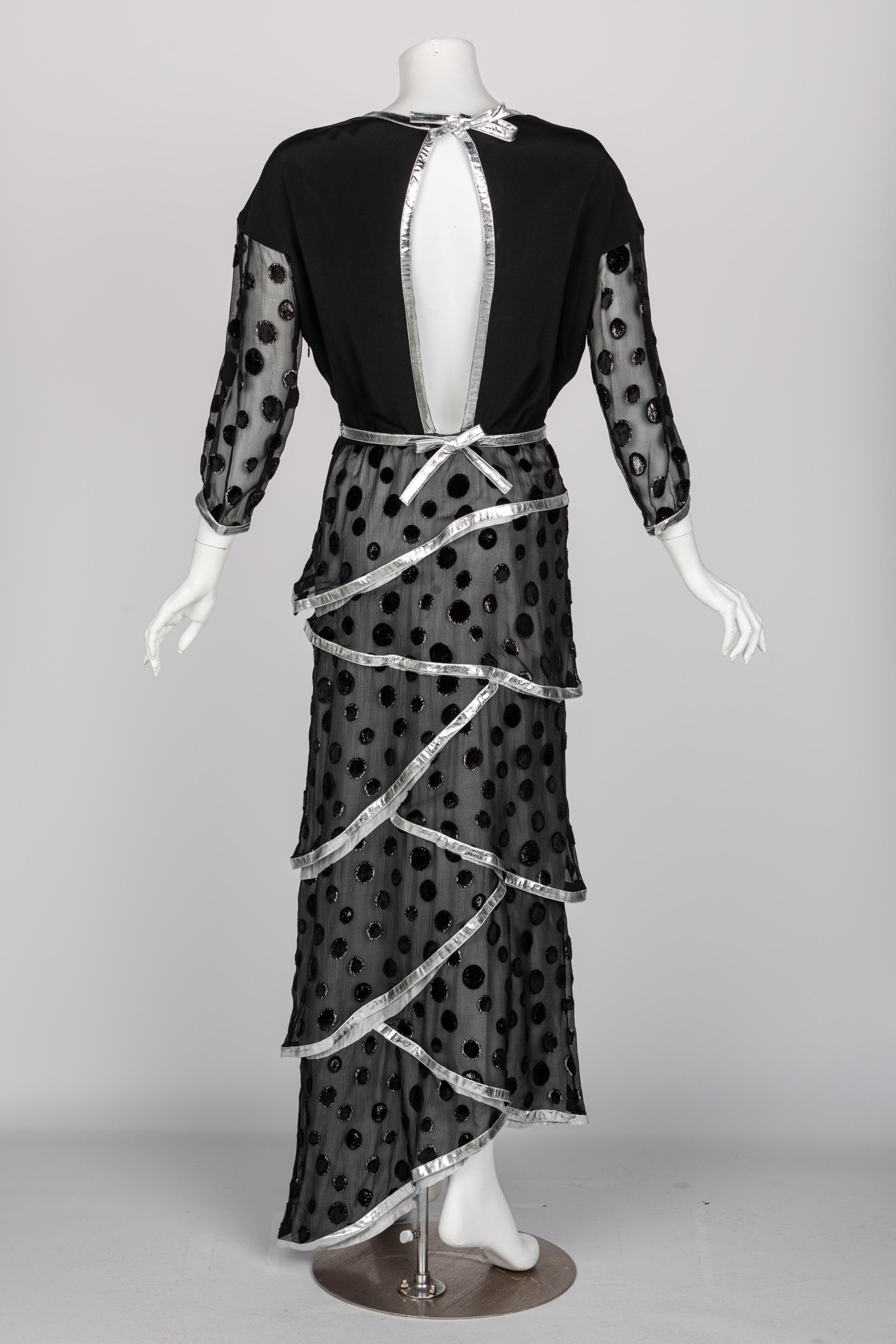 Courrèges Black Metallic Polka Dot Layered Maxi Dress, 1970s In Excellent Condition For Sale In Boca Raton, FL