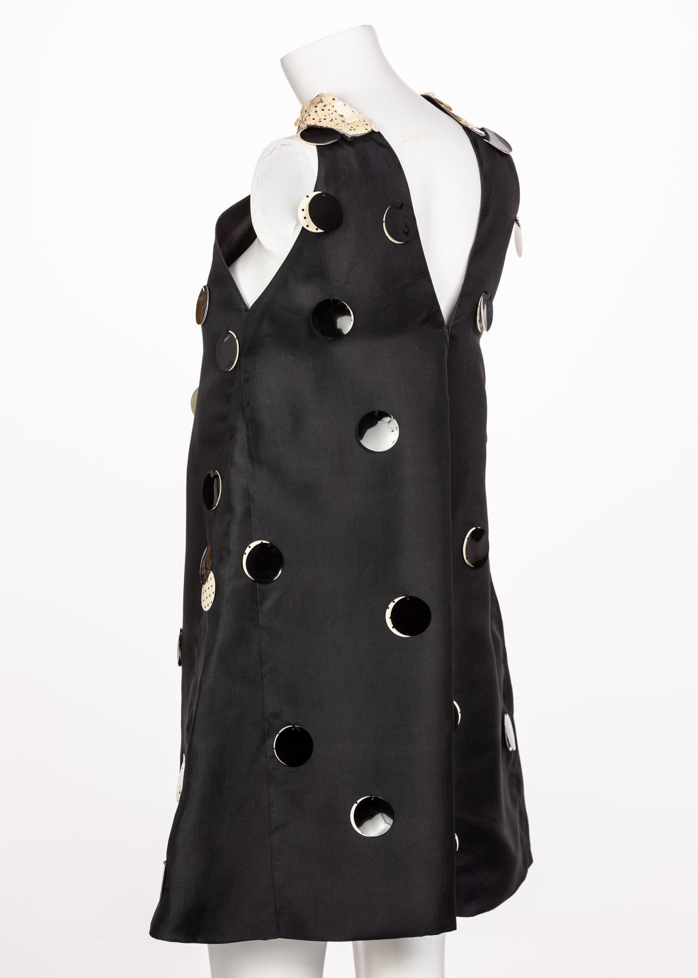 Courregès Black Silk Polka Dot Sequin Trapeze Mini Dress, 1960s In Excellent Condition In Boca Raton, FL