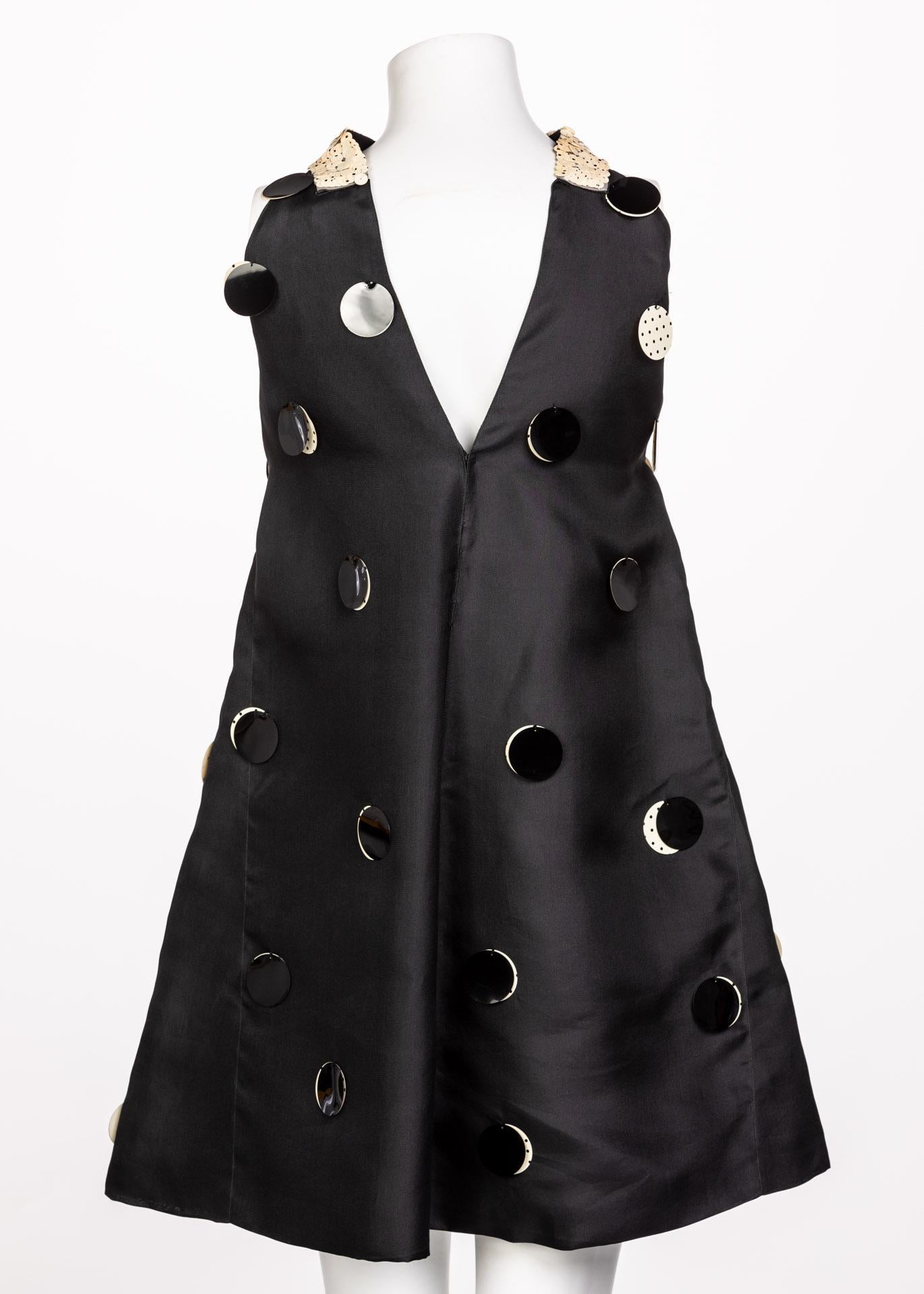 Women's Courregès Black Silk Polka Dot Sequin Trapeze Mini Dress, 1960s