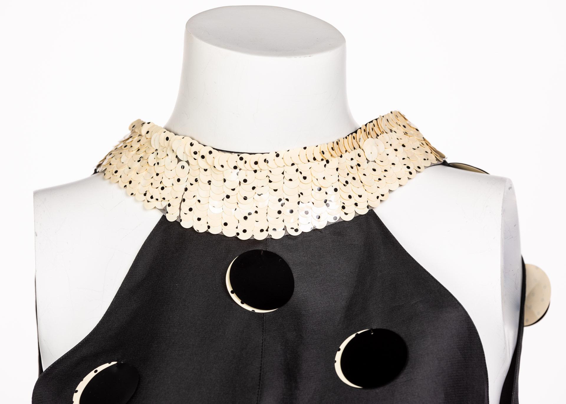 Courregès Black Silk Polka Dot Sequin Trapeze Mini Dress, 1960s 1
