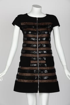 Courrèges Black Wool & Chiffon Sequin Zip Mod Mini Dress