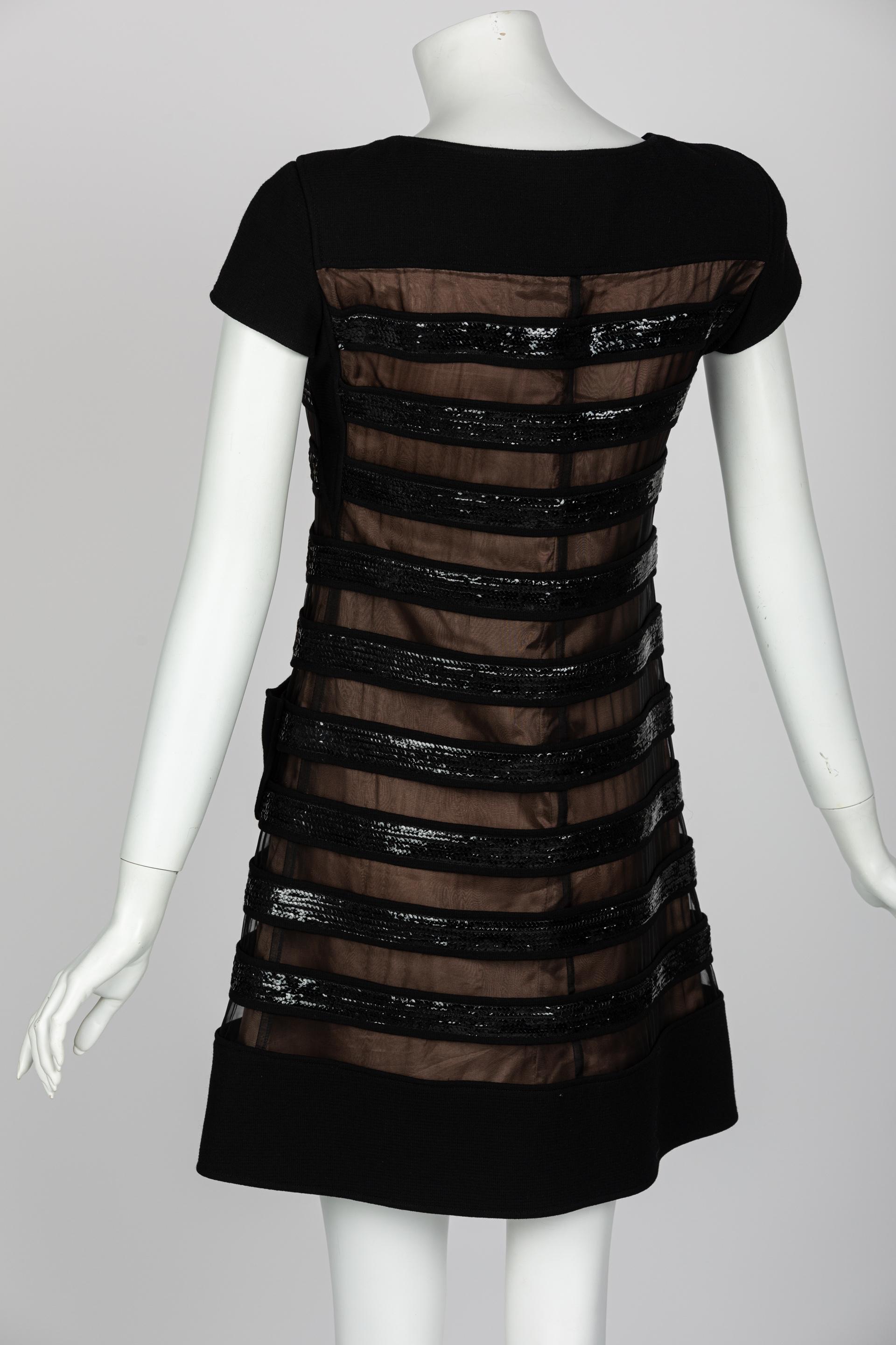  Courrèges Black Wool & Chiffon Sequin Zip Mod Mini Dress In Excellent Condition In Boca Raton, FL