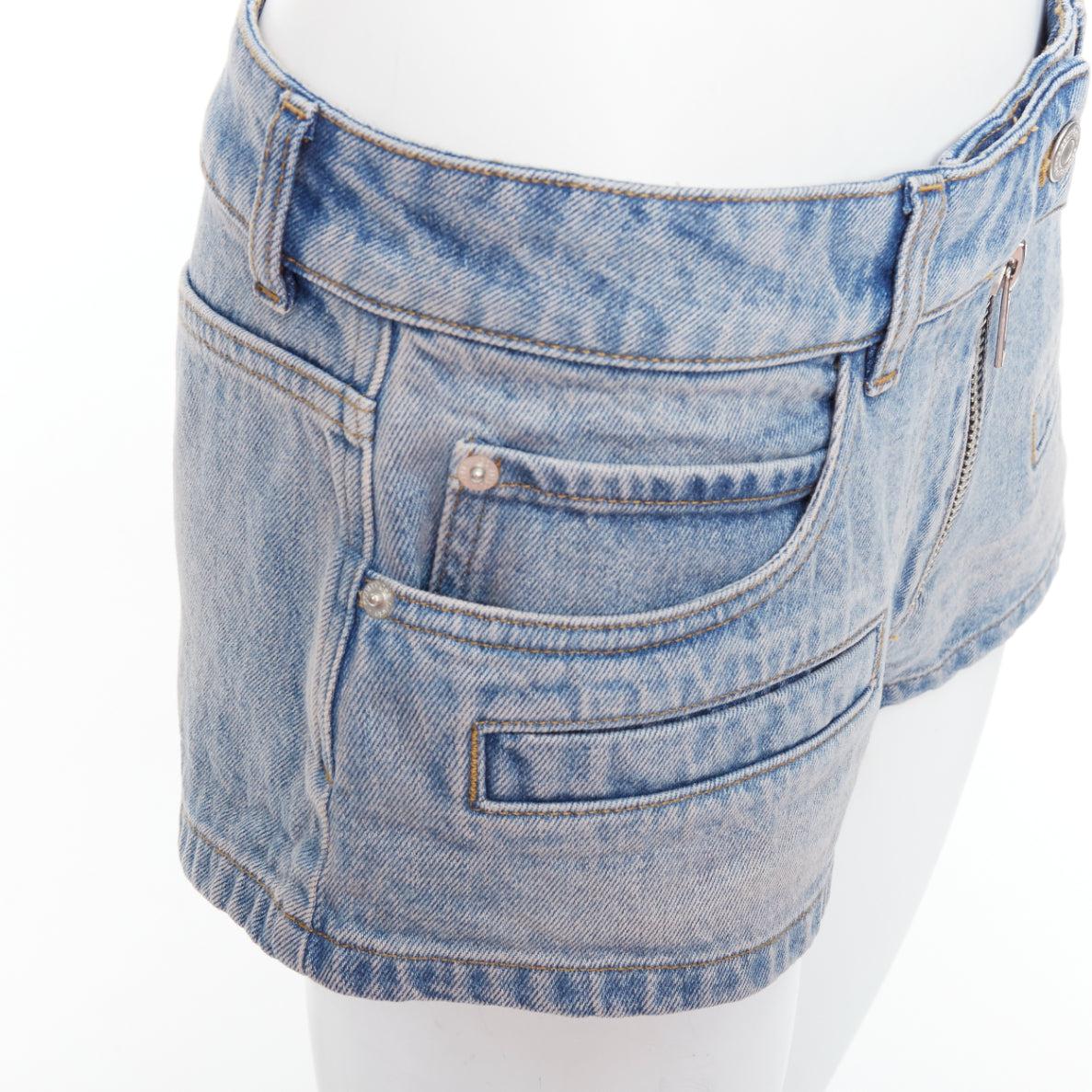 COURREGES blue washed denim zip multi pocket micro shorts 26