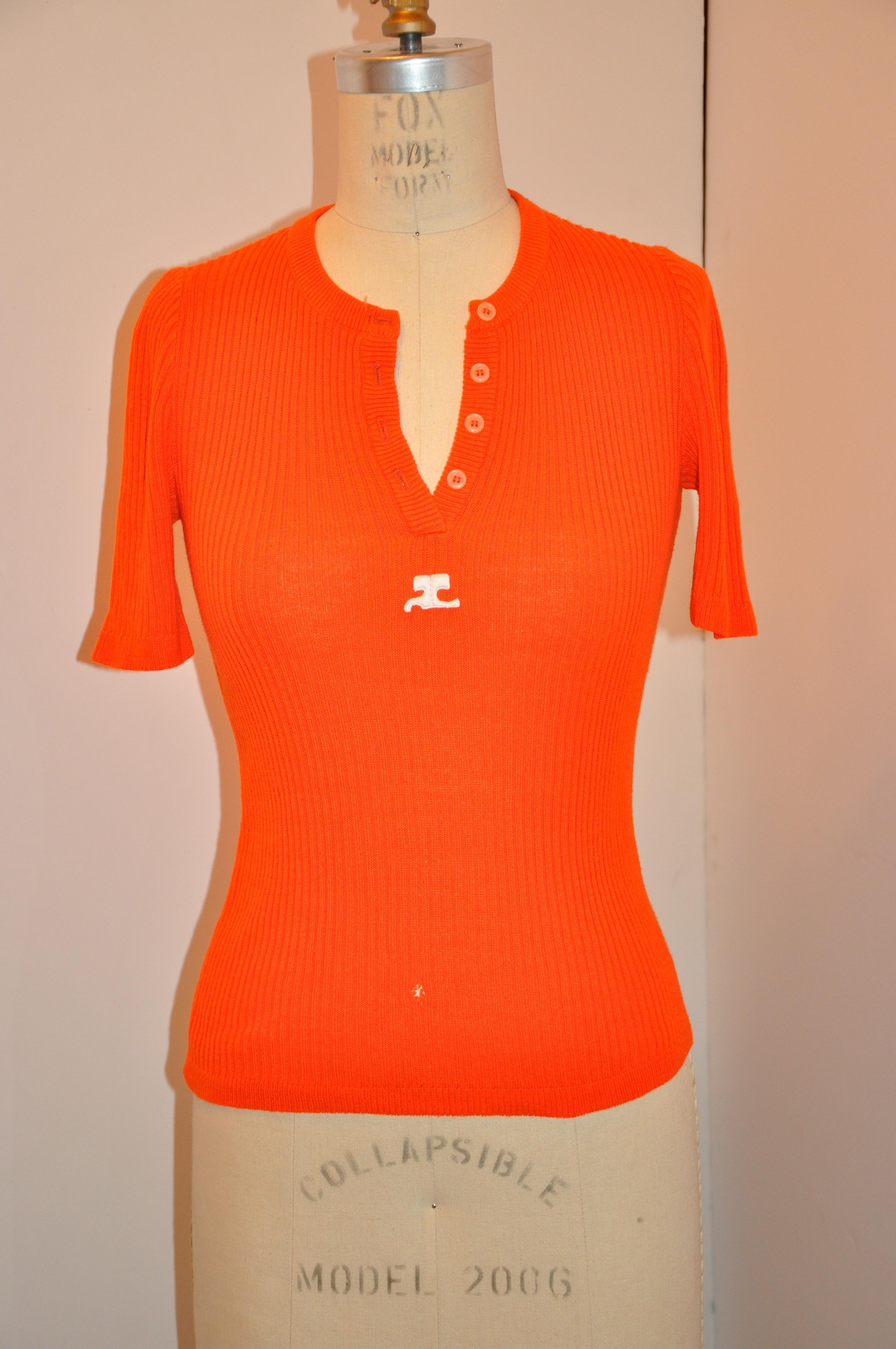 Red Courreges Bold Tangerine with Signature Logo Patch Cotton-Blend Knitted Tee For Sale