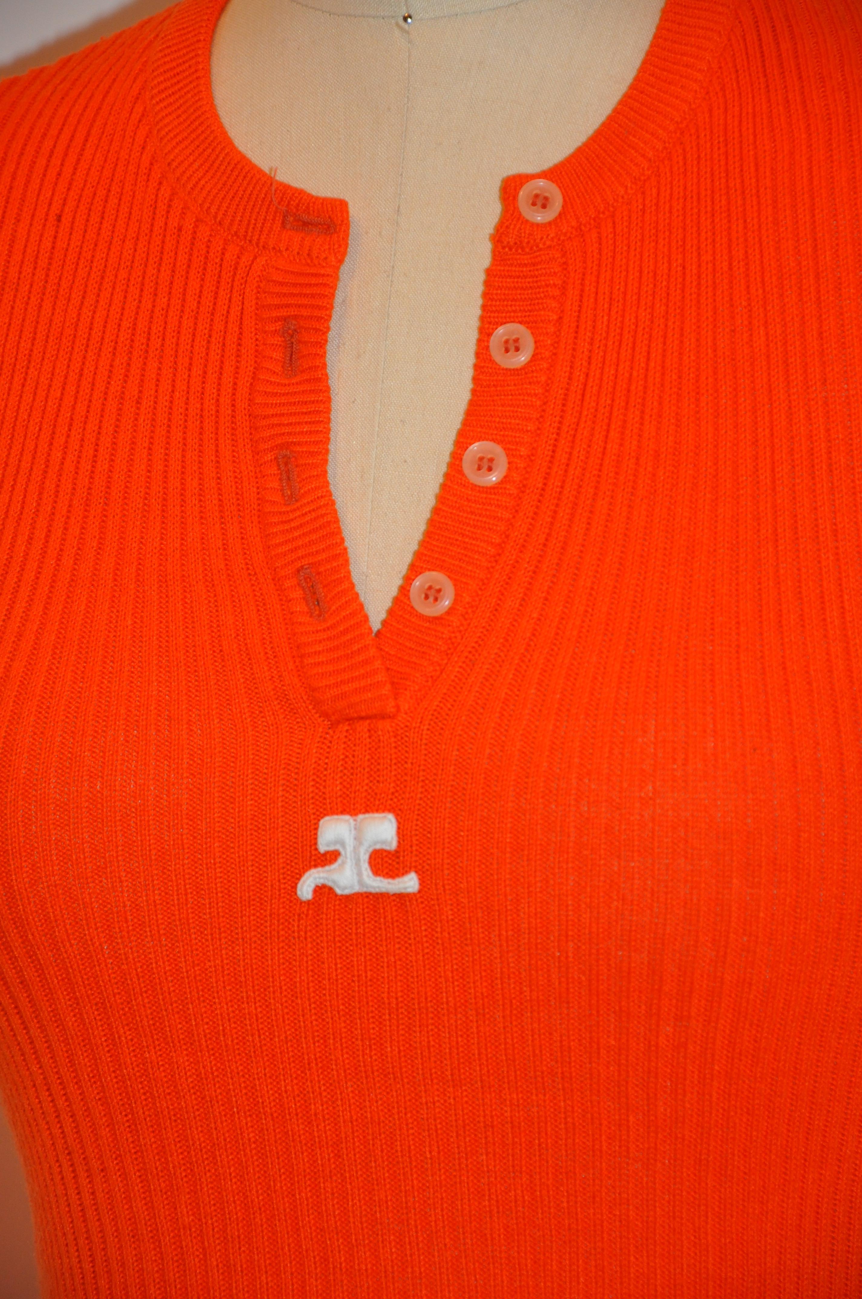 Women's or Men's Courreges Bold Tangerine with Signature Logo Patch Cotton-Blend Knitted Tee For Sale