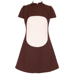 Courreges Brown and Creme Wool Mod Space Age Day Dress with Circle Motif, 1960s