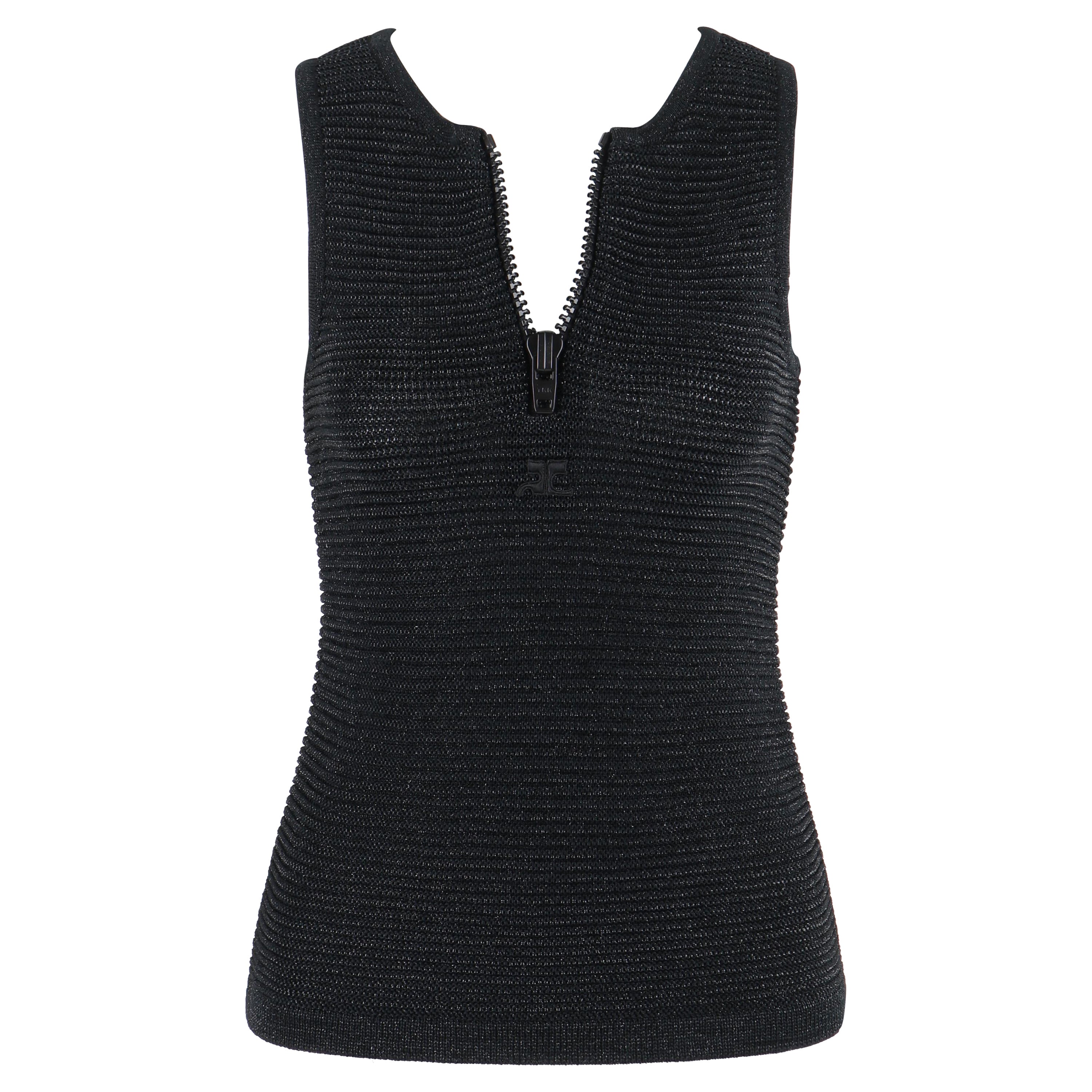 COURREGES c.1960 Nero scintillante maglia con zip e maglione senza maniche