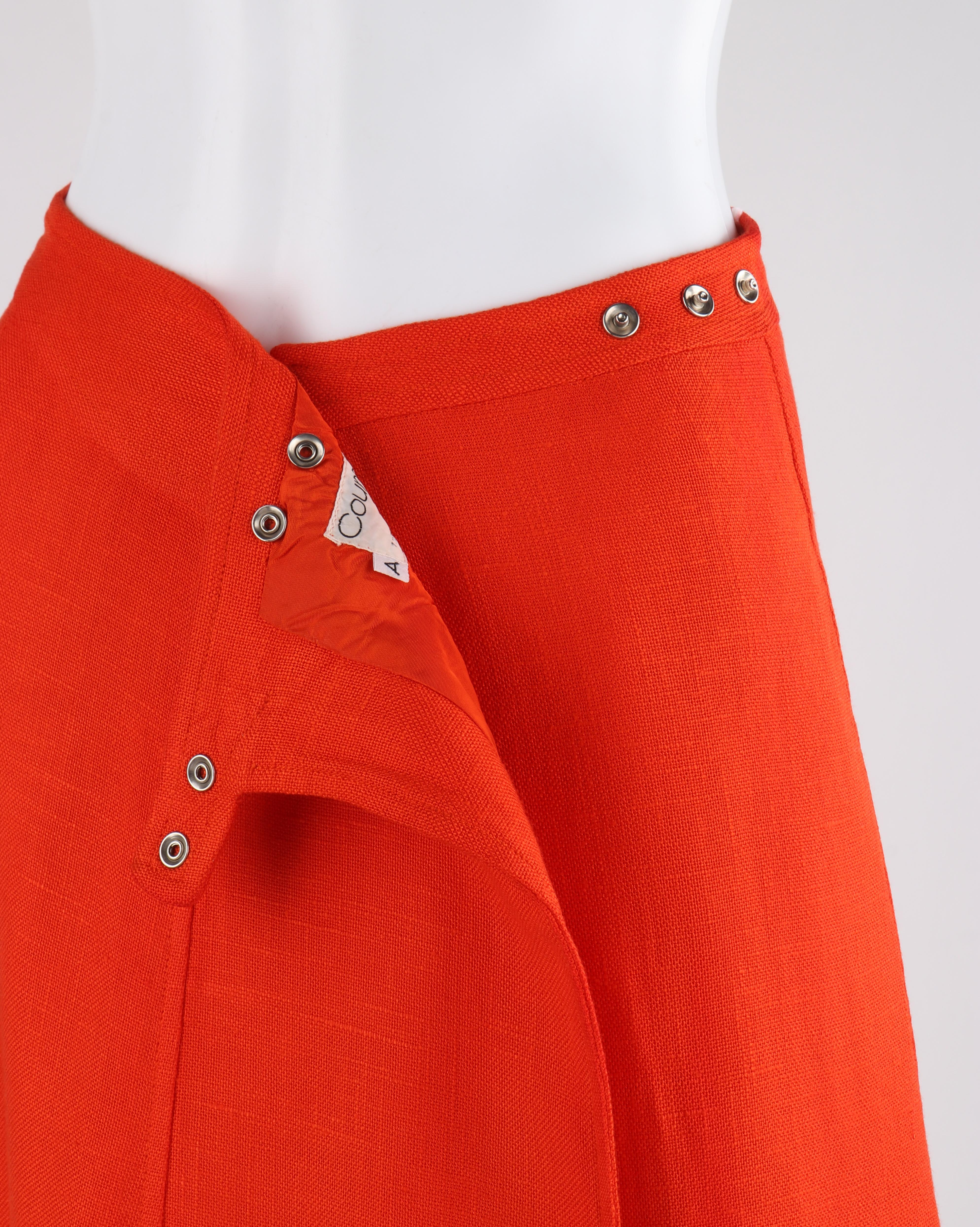 COURREGES c.1960’s Orange White Signature Logo Snap Button Up A-Line Wrap Skirt In Good Condition In Thiensville, WI