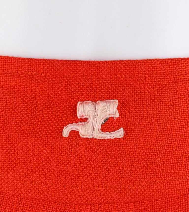 COURREGES c.1960’s Orange White Signature Logo Snap Button Up A-Line Wrap Skirt For Sale 3