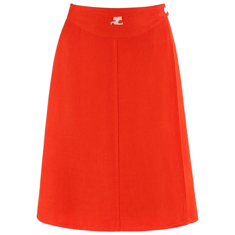 COURREGES c.1960’s Orange White Signature Logo Snap Button Up A-Line Wrap Skirt For Sale