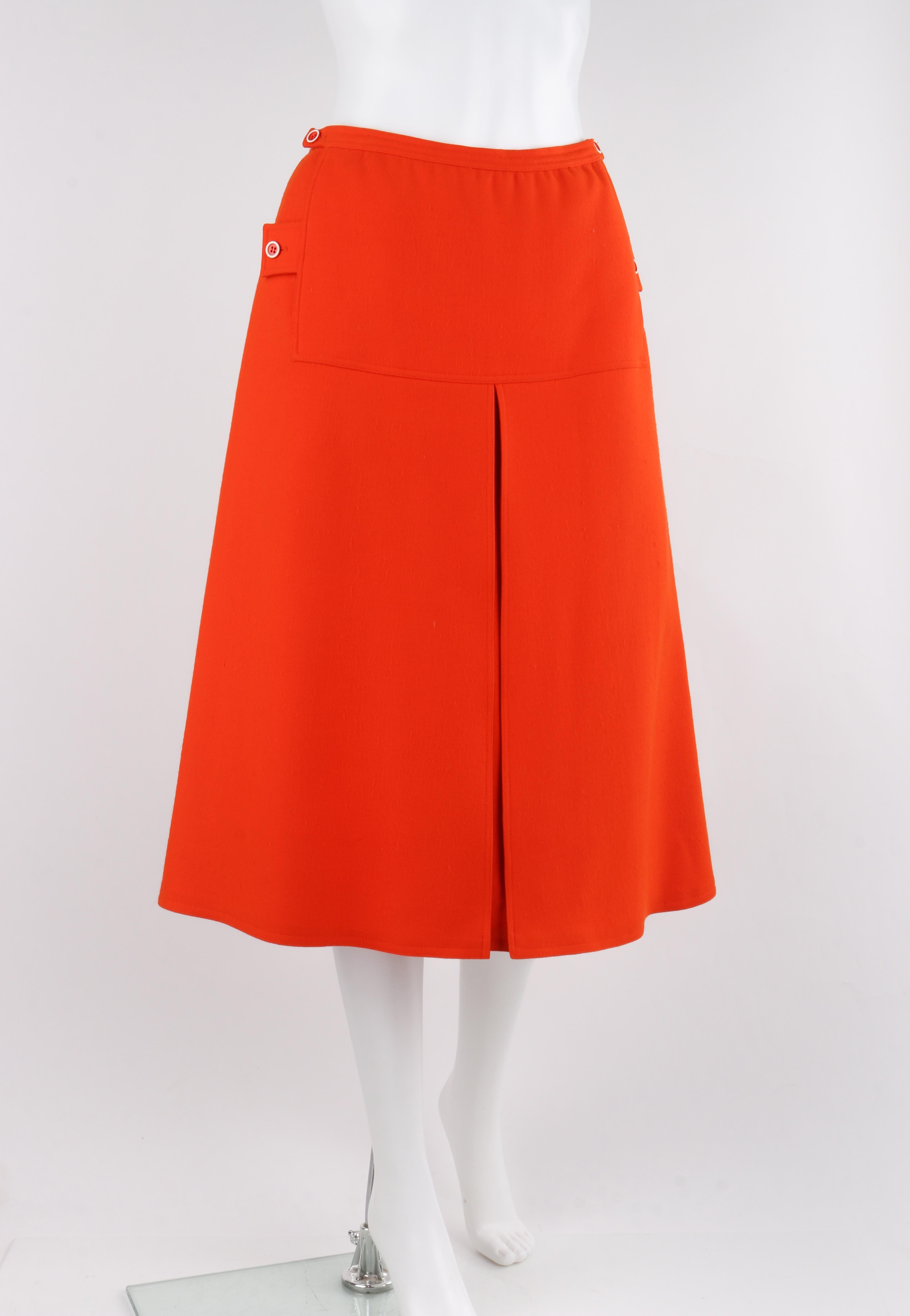COURREGES c.1960's Vtg Orange Wool A Line Pleated Knee Length Button Skirt In Good Condition For Sale In Thiensville, WI