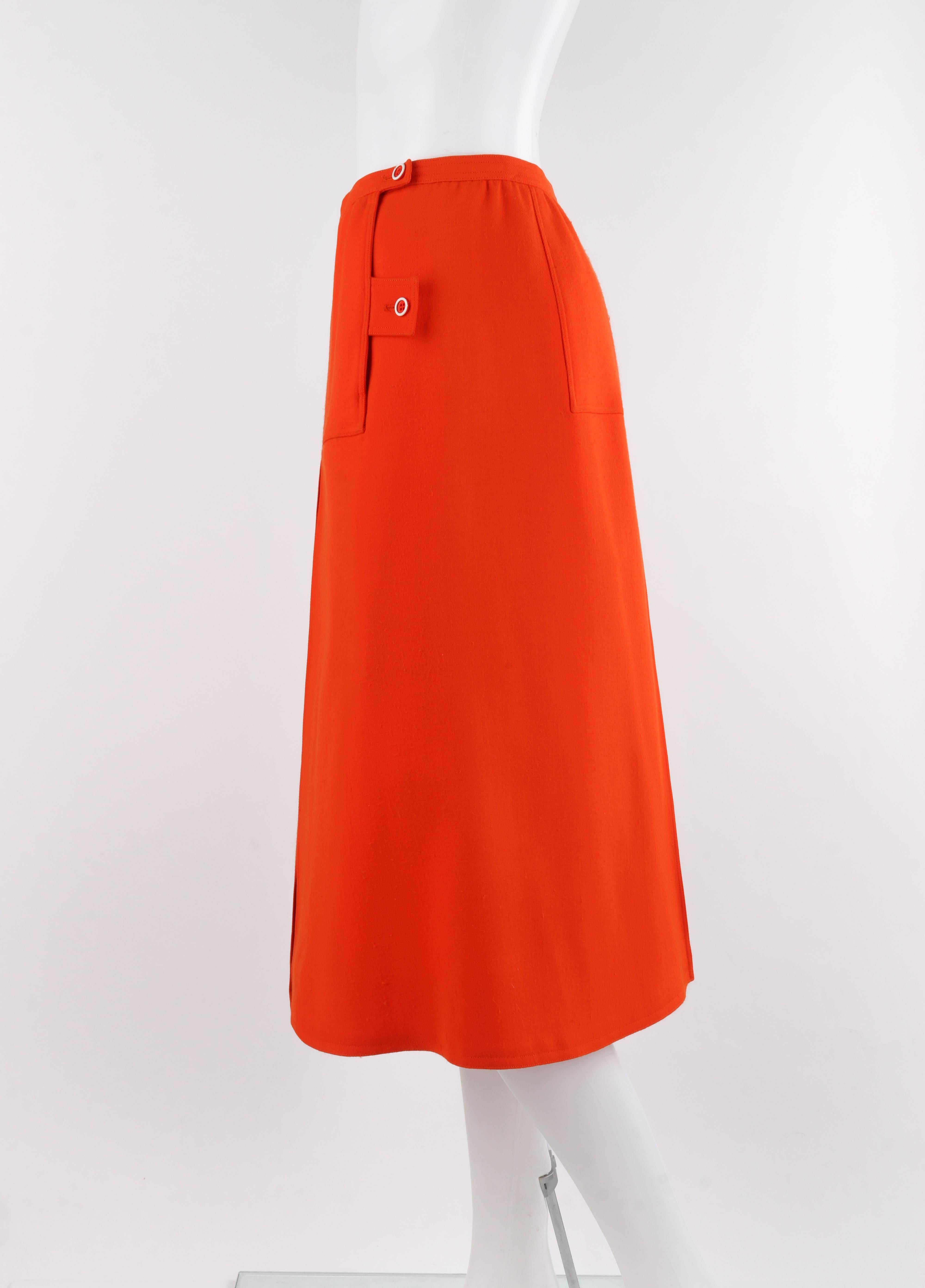 COURREGES c.1960's Vtg Orange Wool A Line Pleated Knee Length Button Skirt For Sale 2