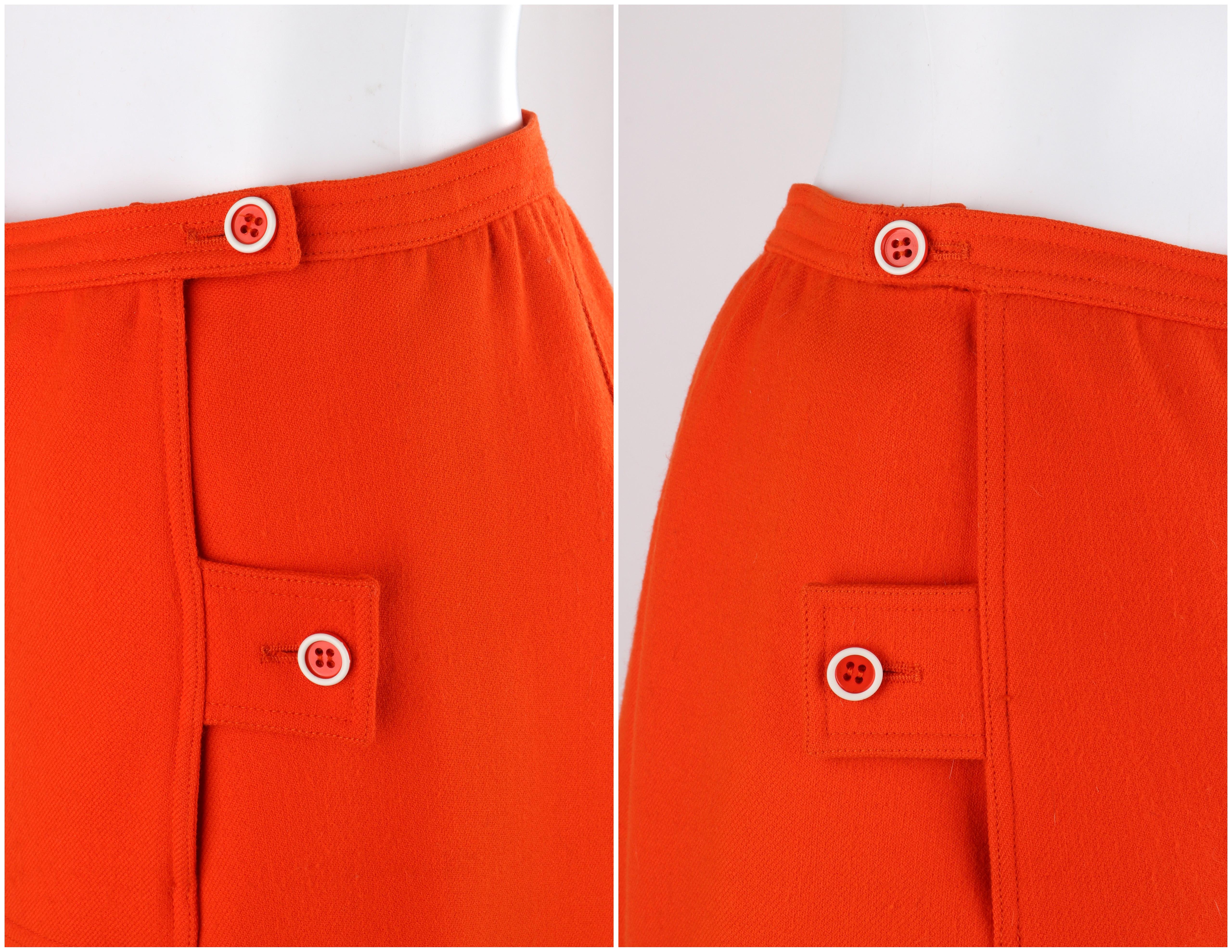 COURREGES c.1960's Vtg Orange Wool A Line Pleated Knee Length Button Skirt For Sale 3