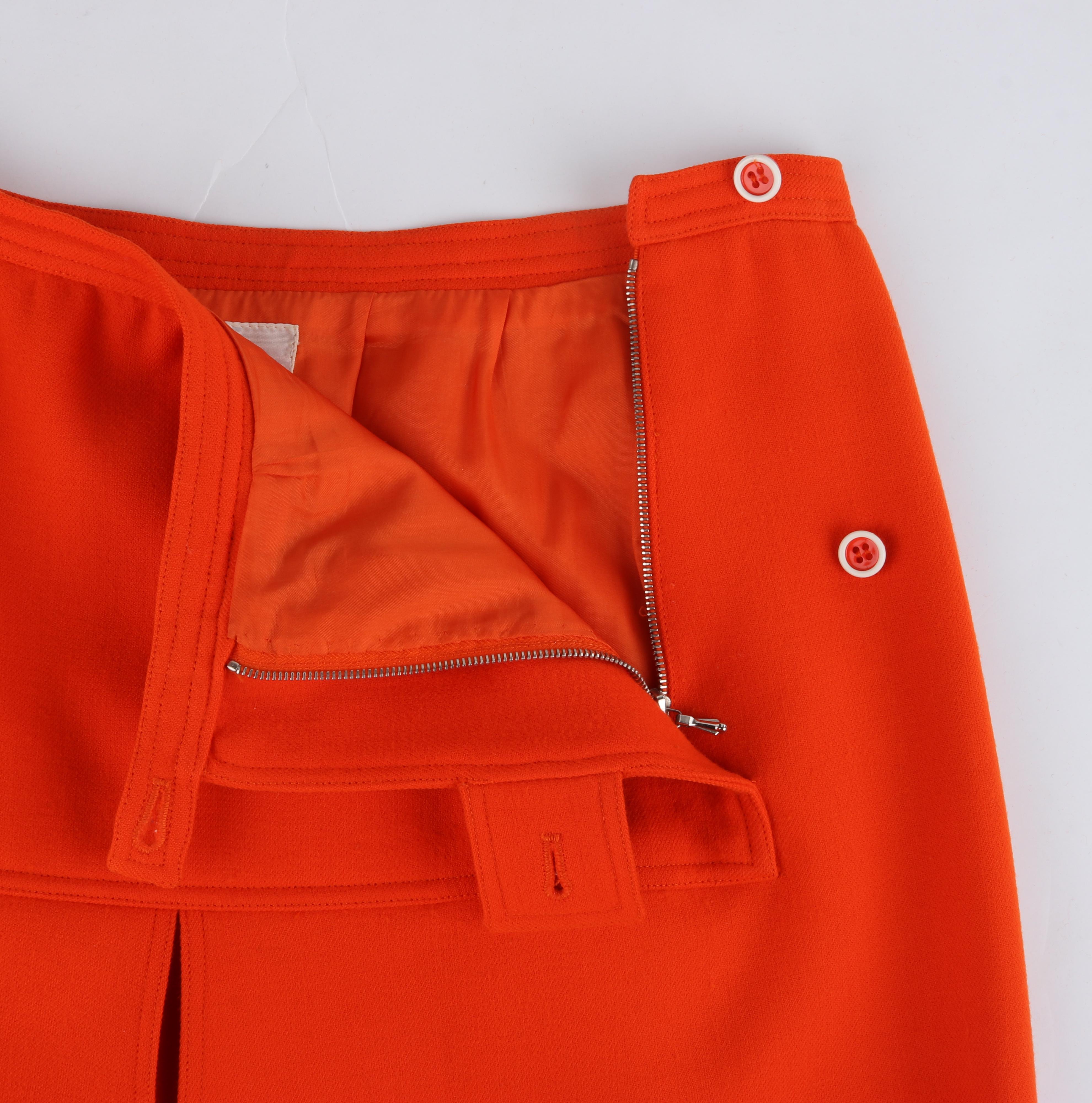 COURREGES c.1960's Vtg Orange Wool A Line Pleated Knee Length Button Skirt For Sale 4