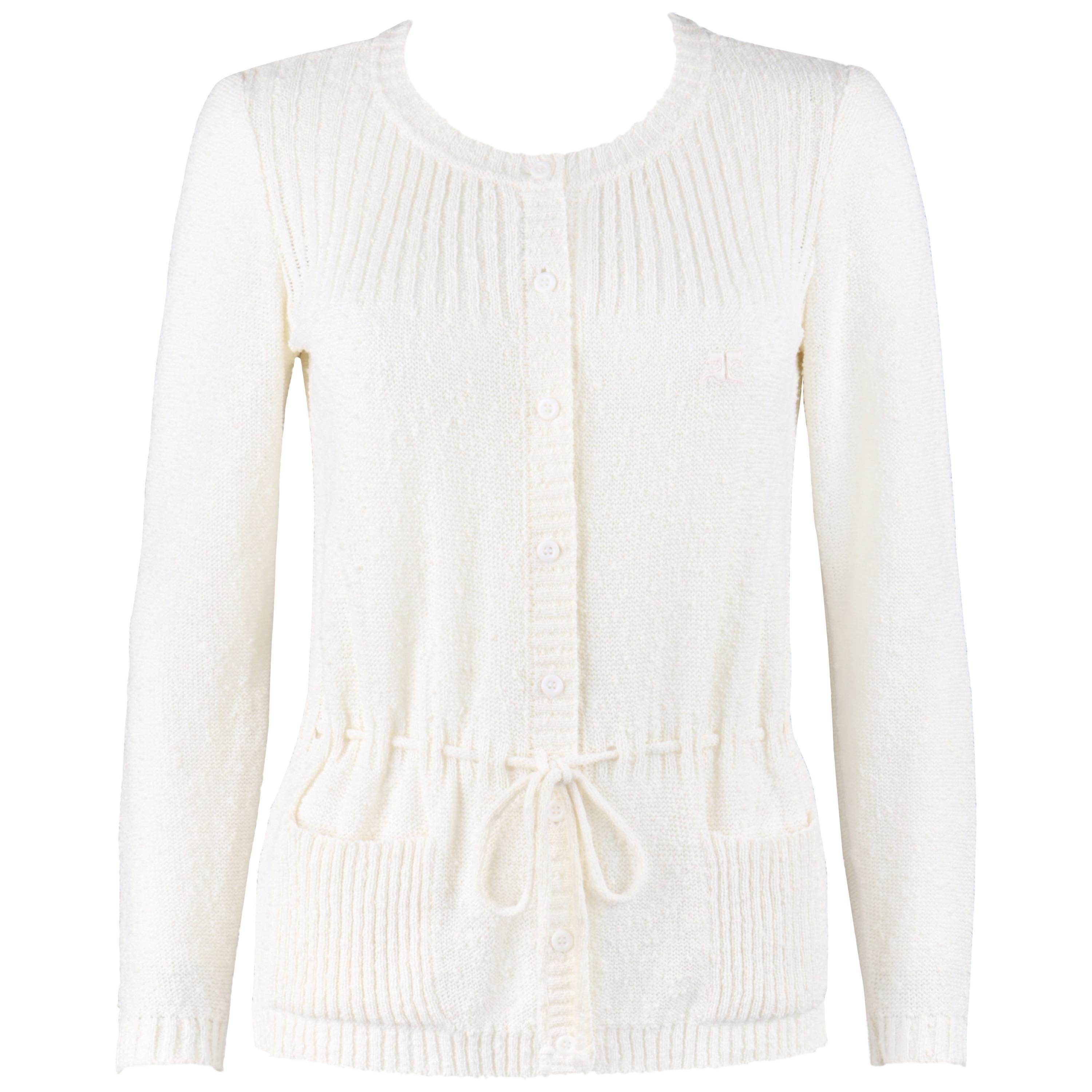 COURREGES c.1970-1980's Ivory Slub Knit Button-Up Long Sleeve Cardigan Sweater For Sale