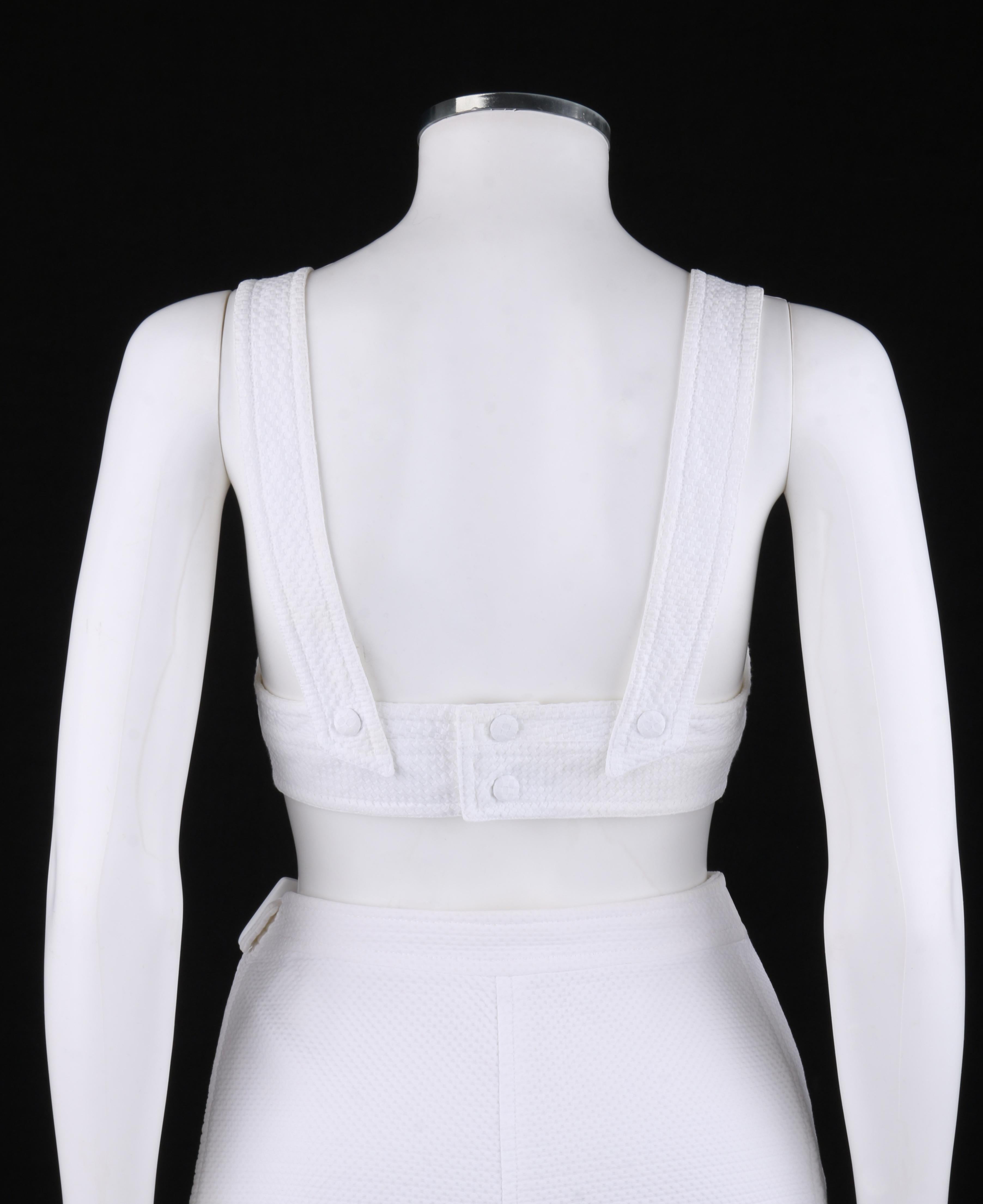 COURREGES c.1970’s 2 Pc White Textured Bralette Tank Top Belted Wrap Skirt Set  In Good Condition In Thiensville, WI
