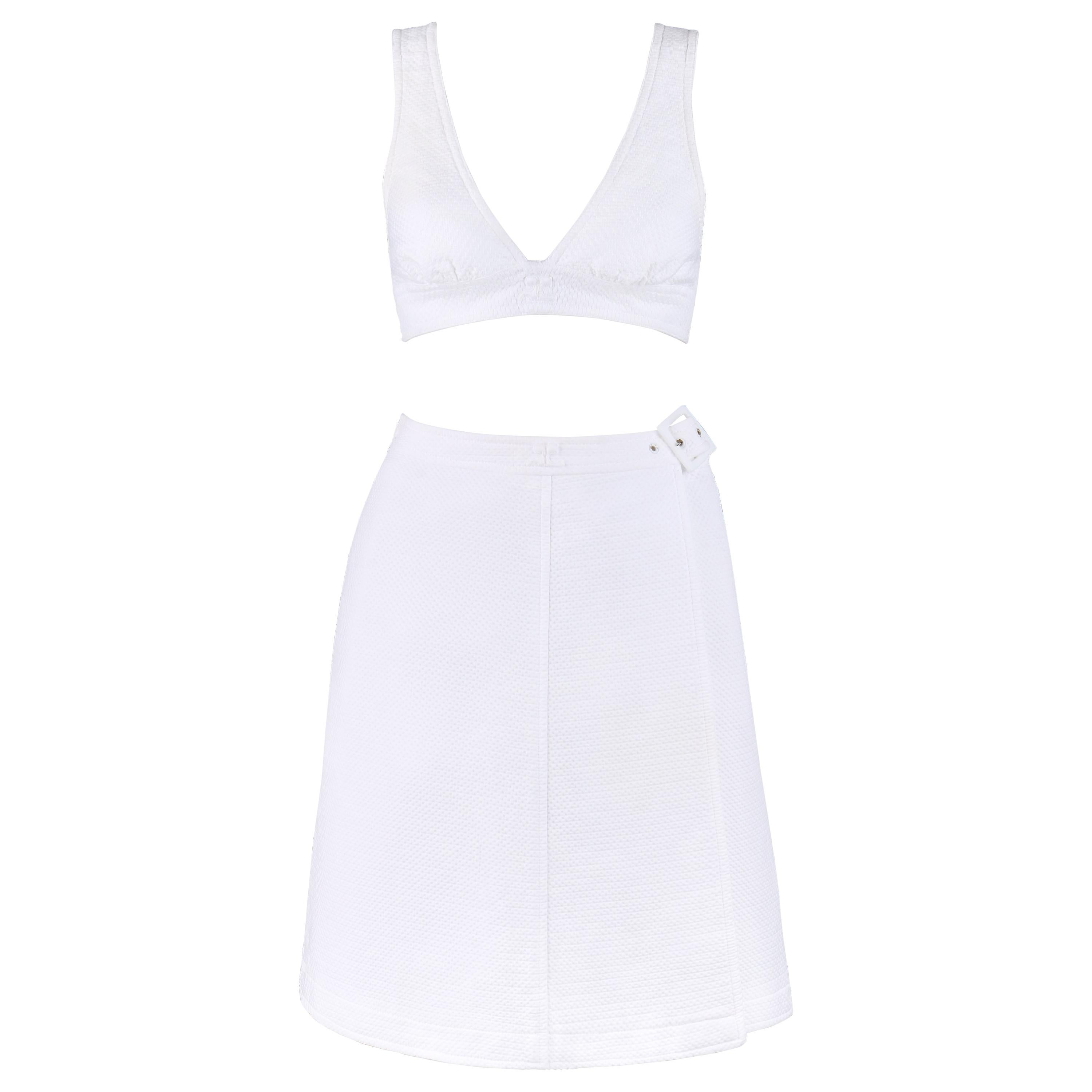 COURREGES c.1970’s 2 Pc White Textured Bralette Tank Top Belted Wrap Skirt Set 