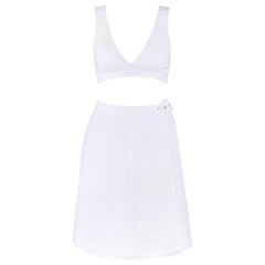 COURREGES c.1970’s 2 Pc White Textured Bralette Tank Top Belted Wrap Skirt Set
