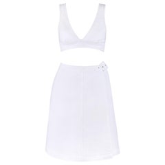 Vintage COURREGES c.1970’s 2 Pc White Textured Bralette Tank Top Belted Wrap Skirt Set 