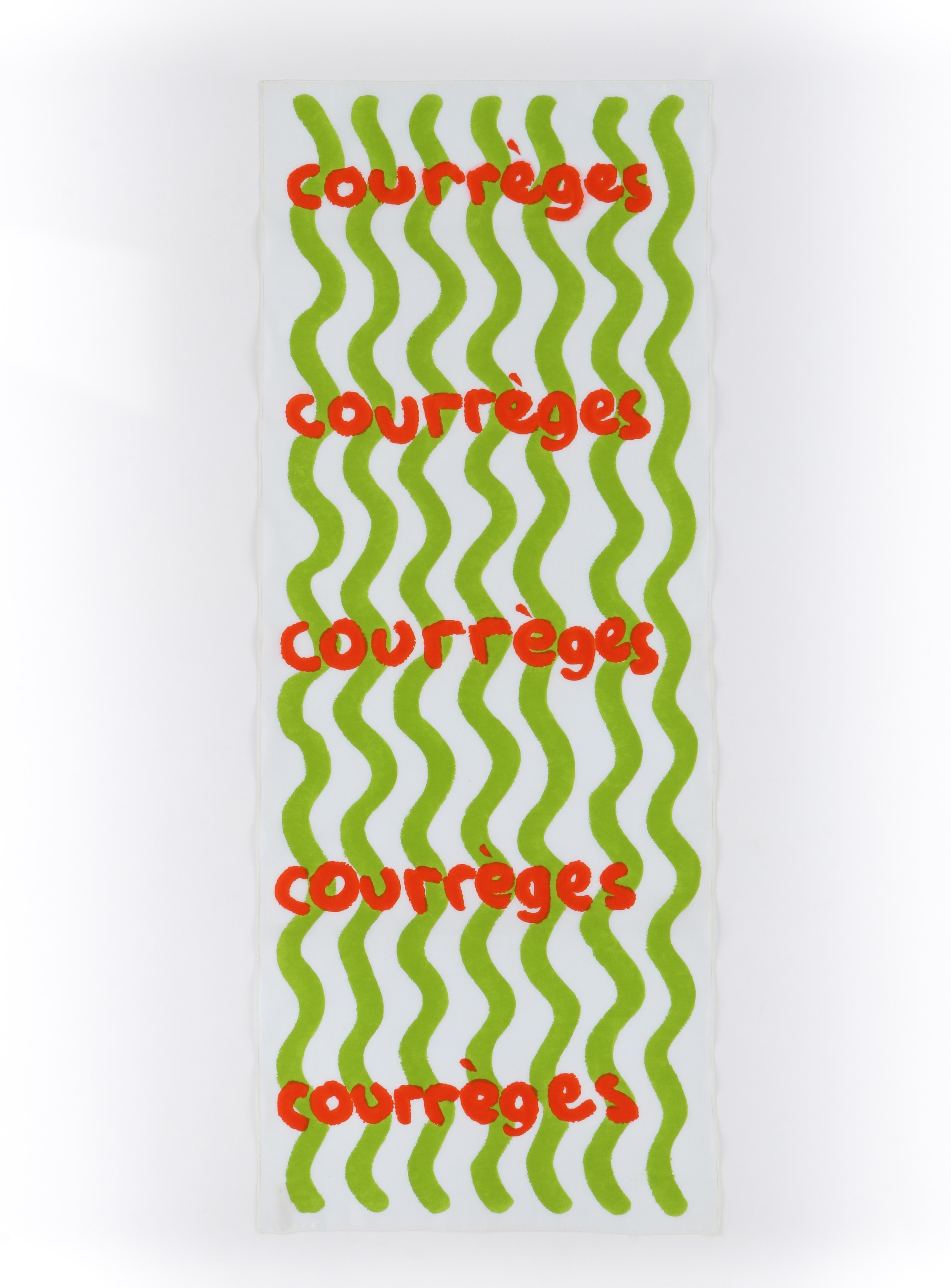 COURREGES c.1970's Abstract Wavy Striped Wrap Scarf
 
Circa: 1970’s 
Brand / Manufacturer: Courrèges
Style: Wrap scarf 
Color(s): Shades of green (apple), orange, white
Marked Fabric Content: “100% Cotton”
Additional Details / Inclusions: Fine