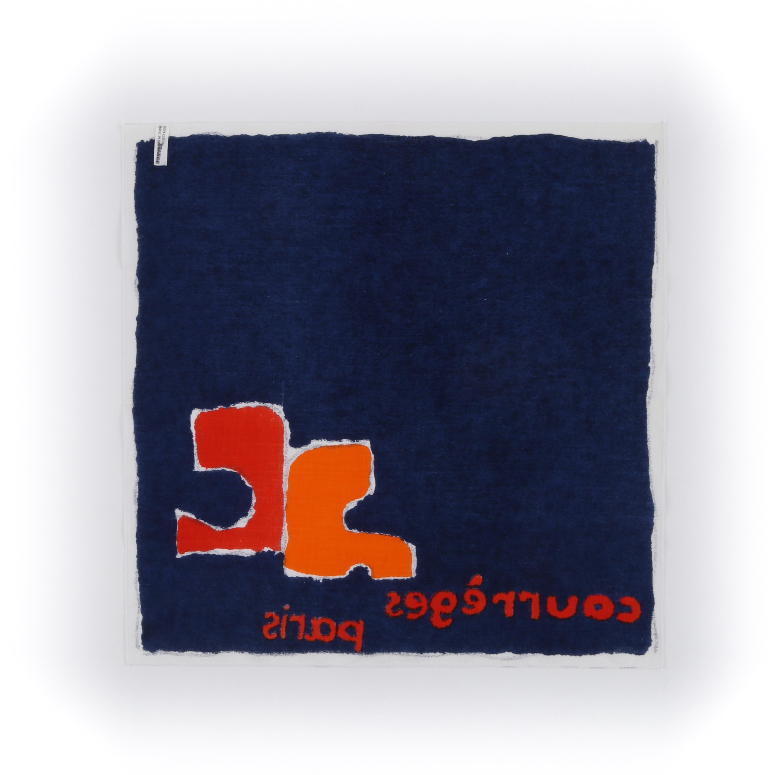 COURREGES c.1970's Navy & Orange Painterly Logo Square Scarf  

Circa: 1970’s
Brand / Manufacturer: Courrèges
Designer: André Courrèges
Style: Square scarf
Color(s): Shades of navy blue, orange, red, gray, white
Marked Fabric Content: “100%