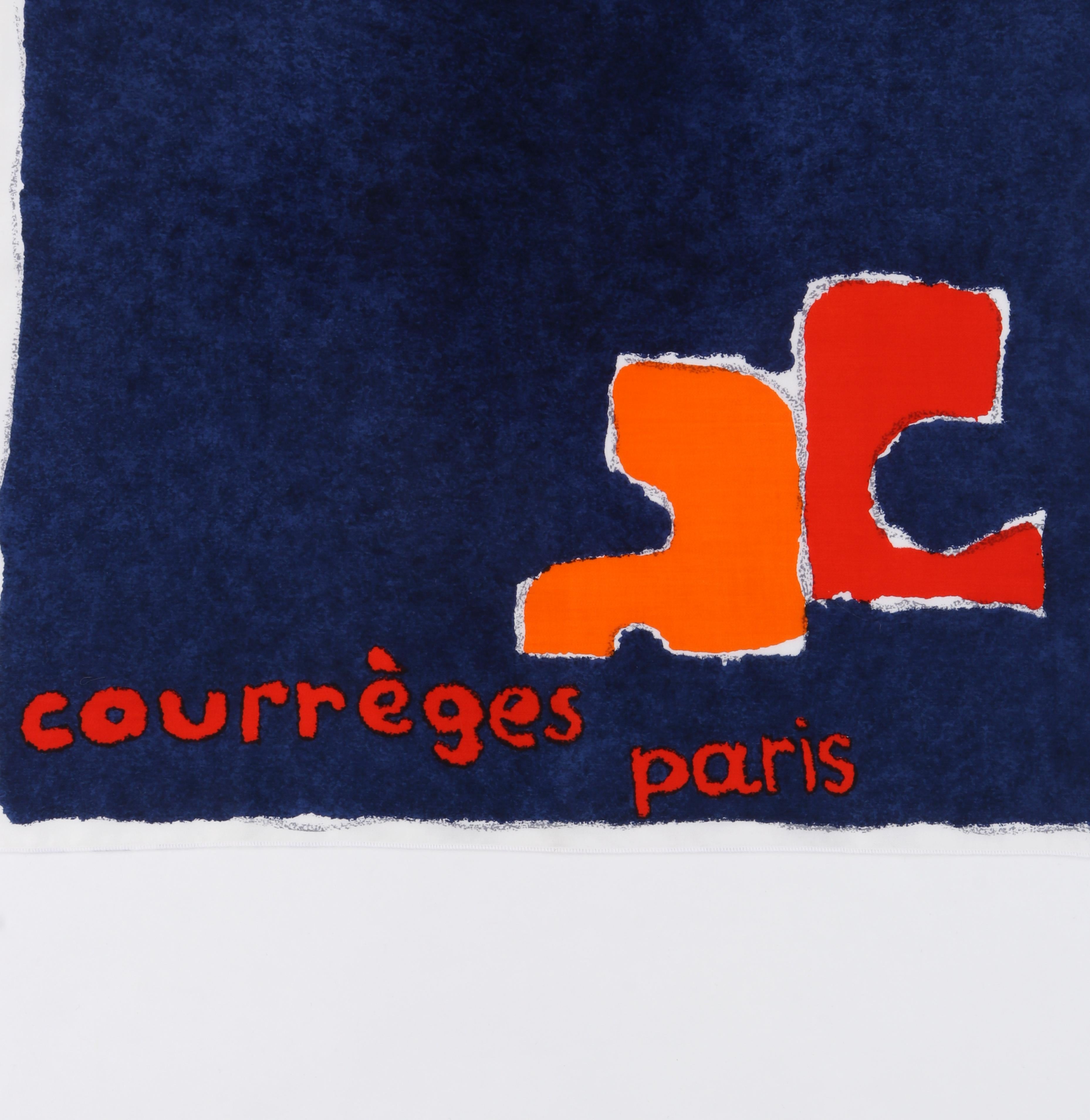 COURREGES c.1970's Navy & Orange Painterly Logo Square Scarf In Excellent Condition In Thiensville, WI
