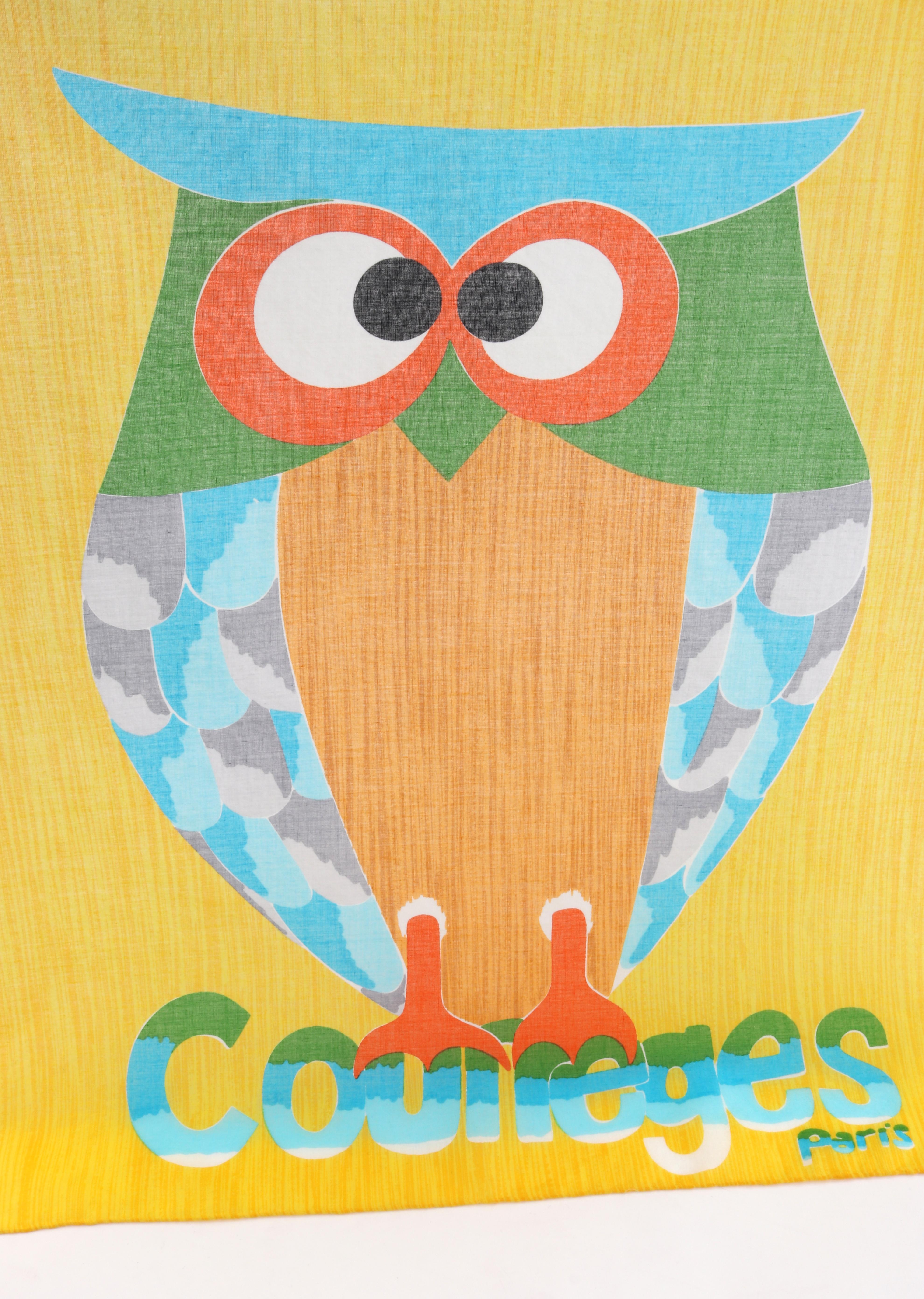 COURREGES c.1970's Pop Art Watercolor Owl Poplin Square Scarf For Sale 1