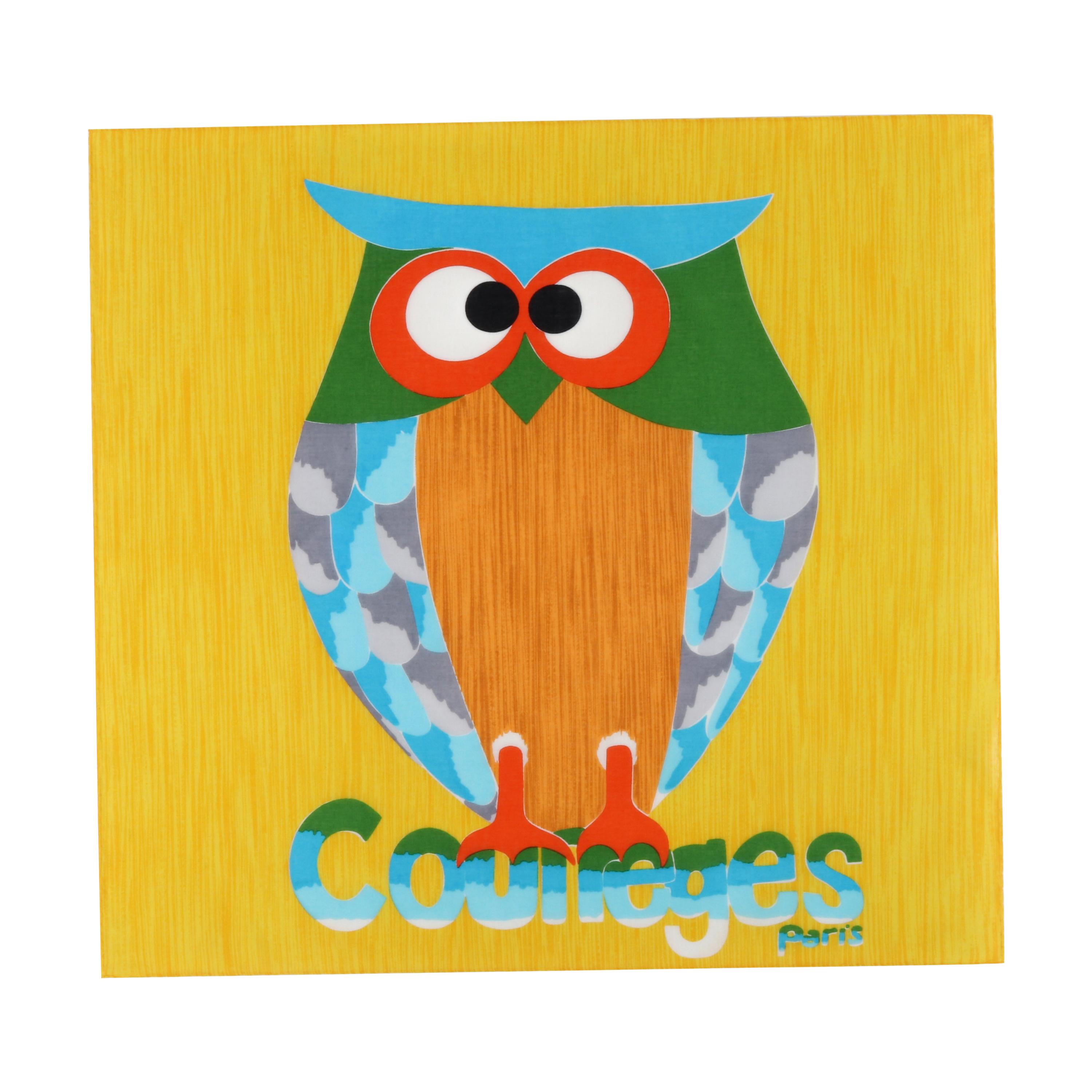 COURREGES c.1970's Pop Art Watercolor Owl Poplin Square Scarf For Sale