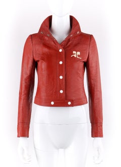 COURREGES c.1970s Brick Red Vinyl Faux Leather Mod Signature Logo Cropped Jacket