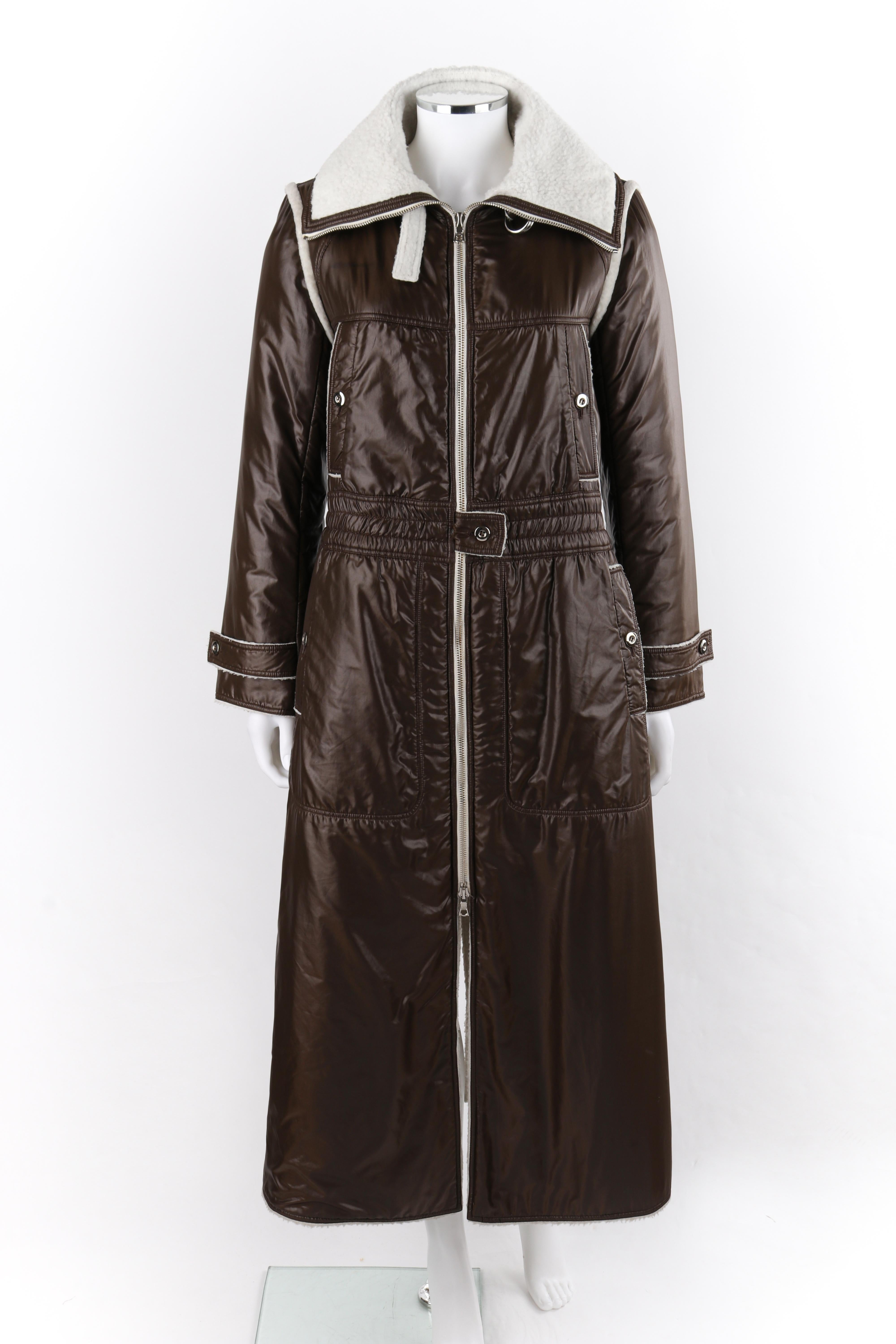 Black COURREGES c.1970’s Brown White Convertible Collar Full-Length Coat Jacket For Sale