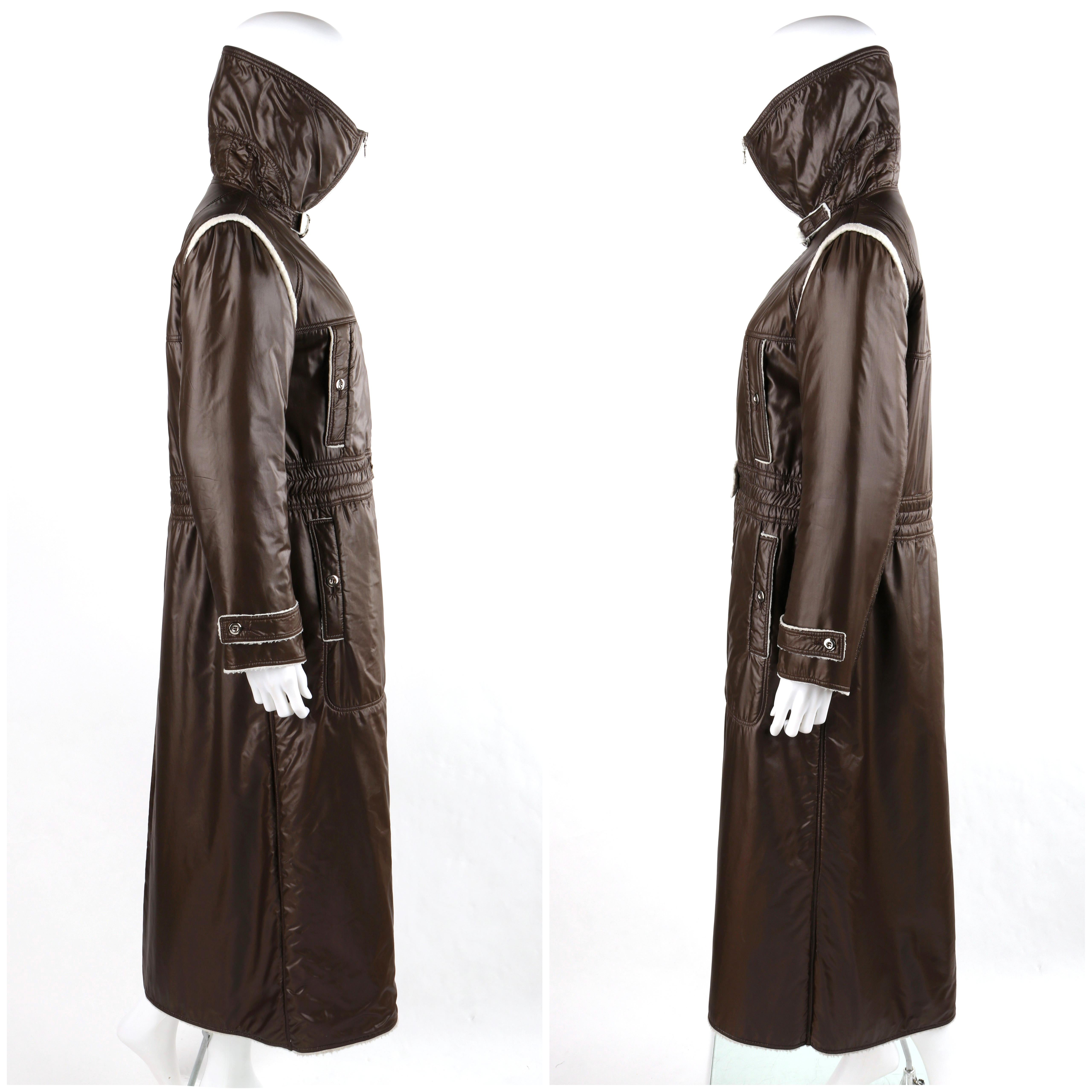 Women's COURREGES c.1970’s Brown White Convertible Collar Full-Length Coat Jacket For Sale