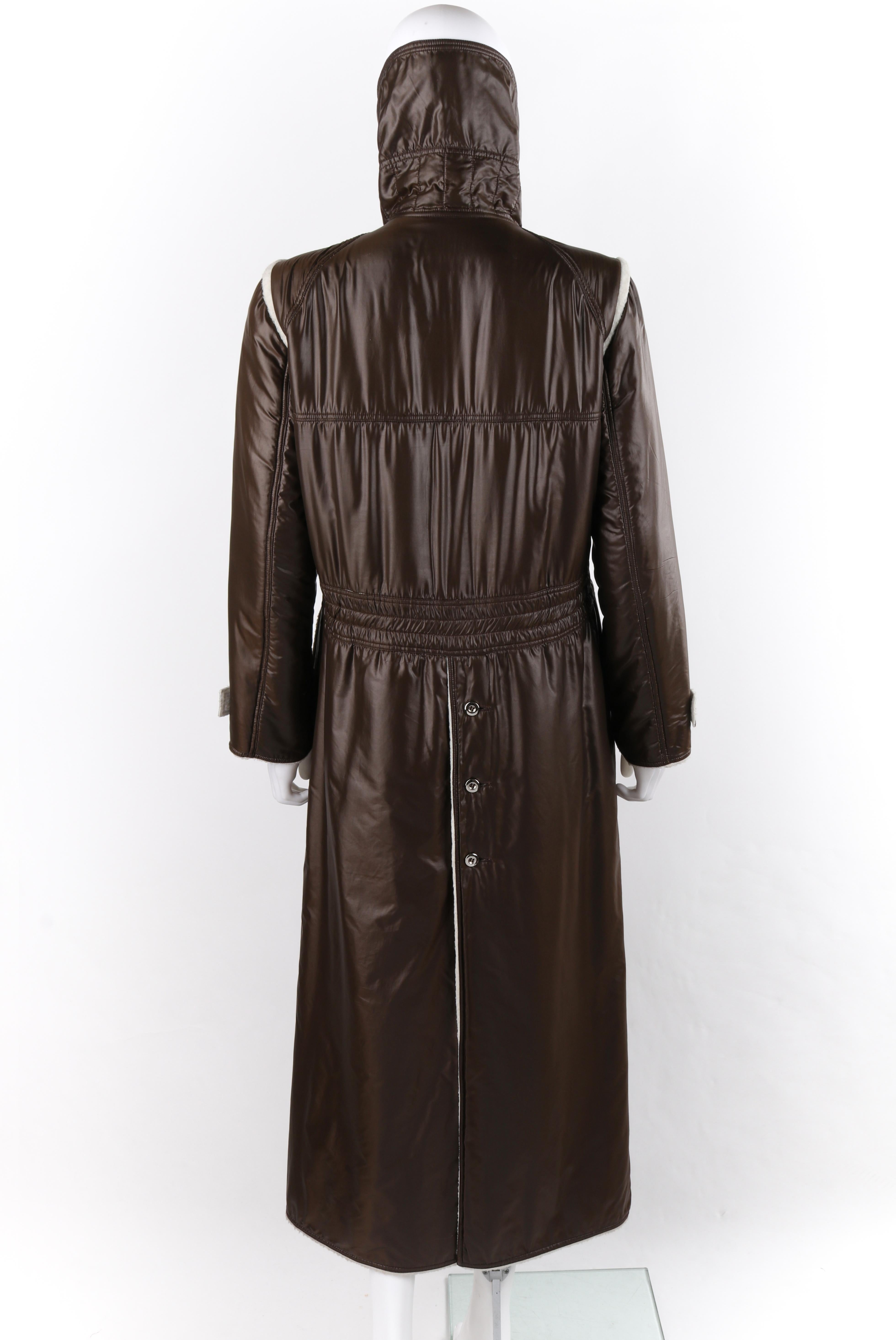 COURREGES c.1970’s Brown White Convertible Collar Full-Length Coat Jacket For Sale 1