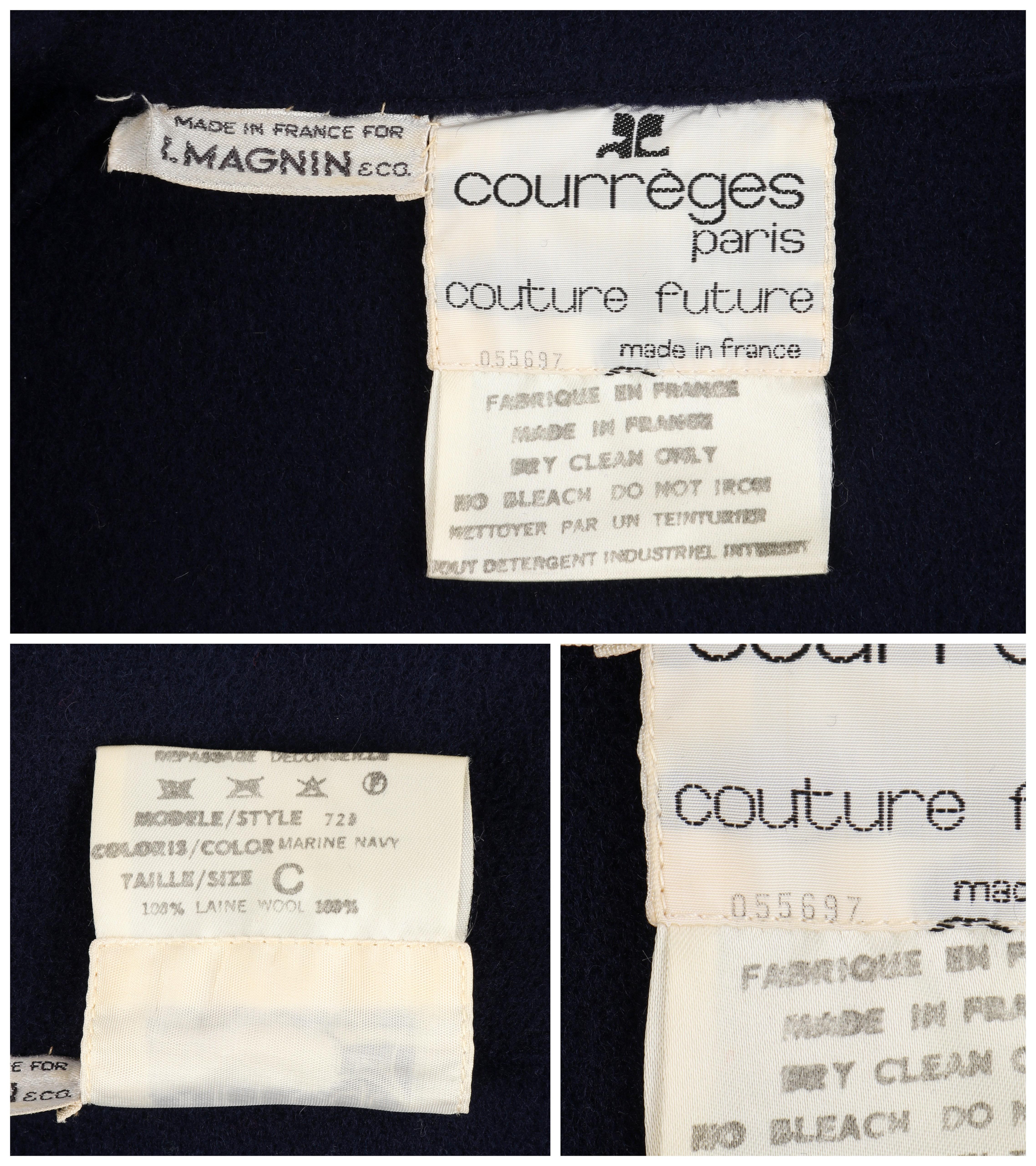 COURREGES c.1970's Couture Future Marine Navy Asymmetrical Button Front Overcoat For Sale 6