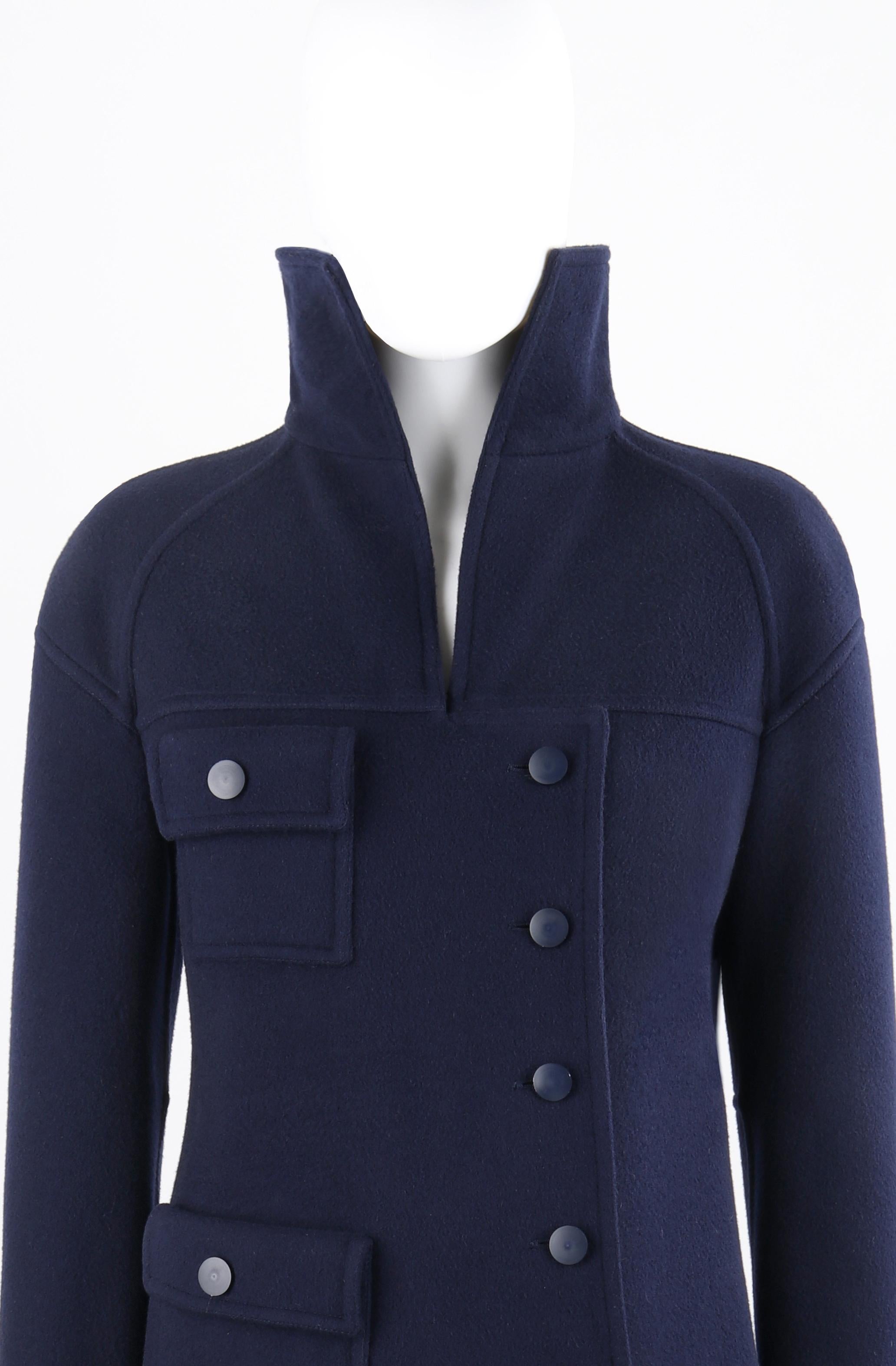 COURREGES c.1970's Couture Future Marine Navy Asymmetrical Button Front Overcoat In Good Condition For Sale In Thiensville, WI
