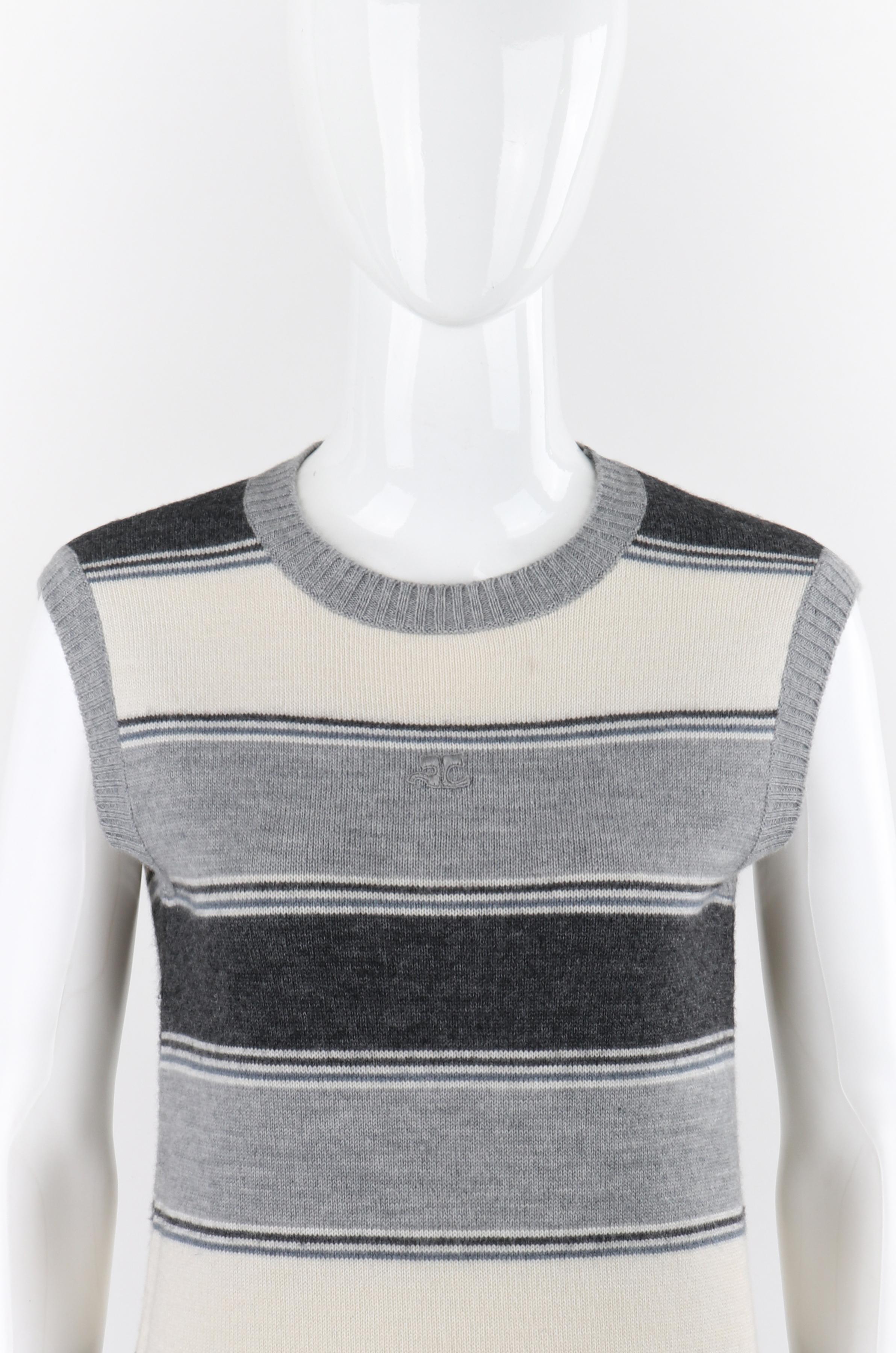 COURREGES c.1970's Gray Striped Wool Knit Sleeveless Pullover Sweater Vest Top In Good Condition In Thiensville, WI