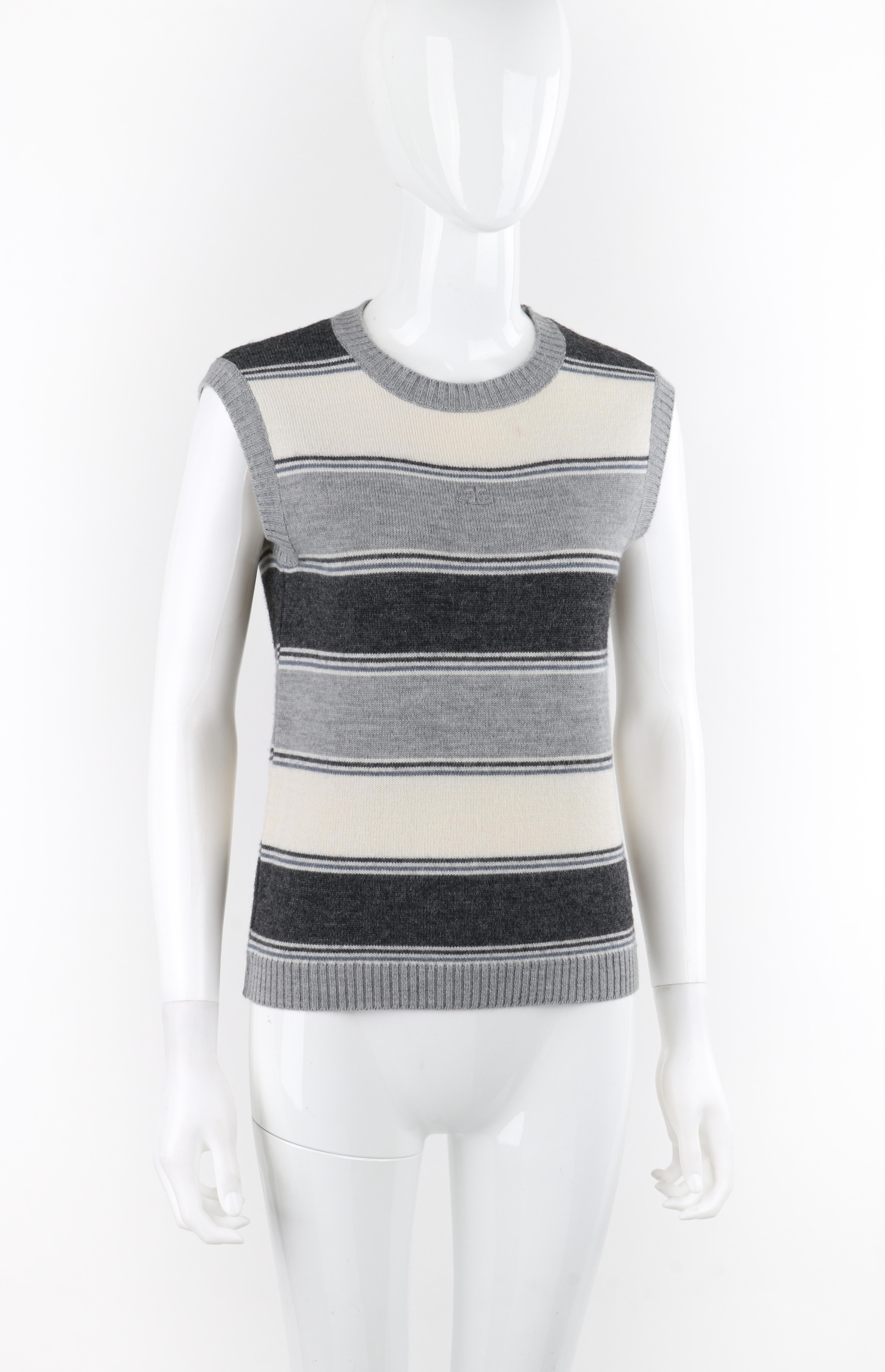 Women's COURREGES c.1970's Gray Striped Wool Knit Sleeveless Pullover Sweater Vest Top