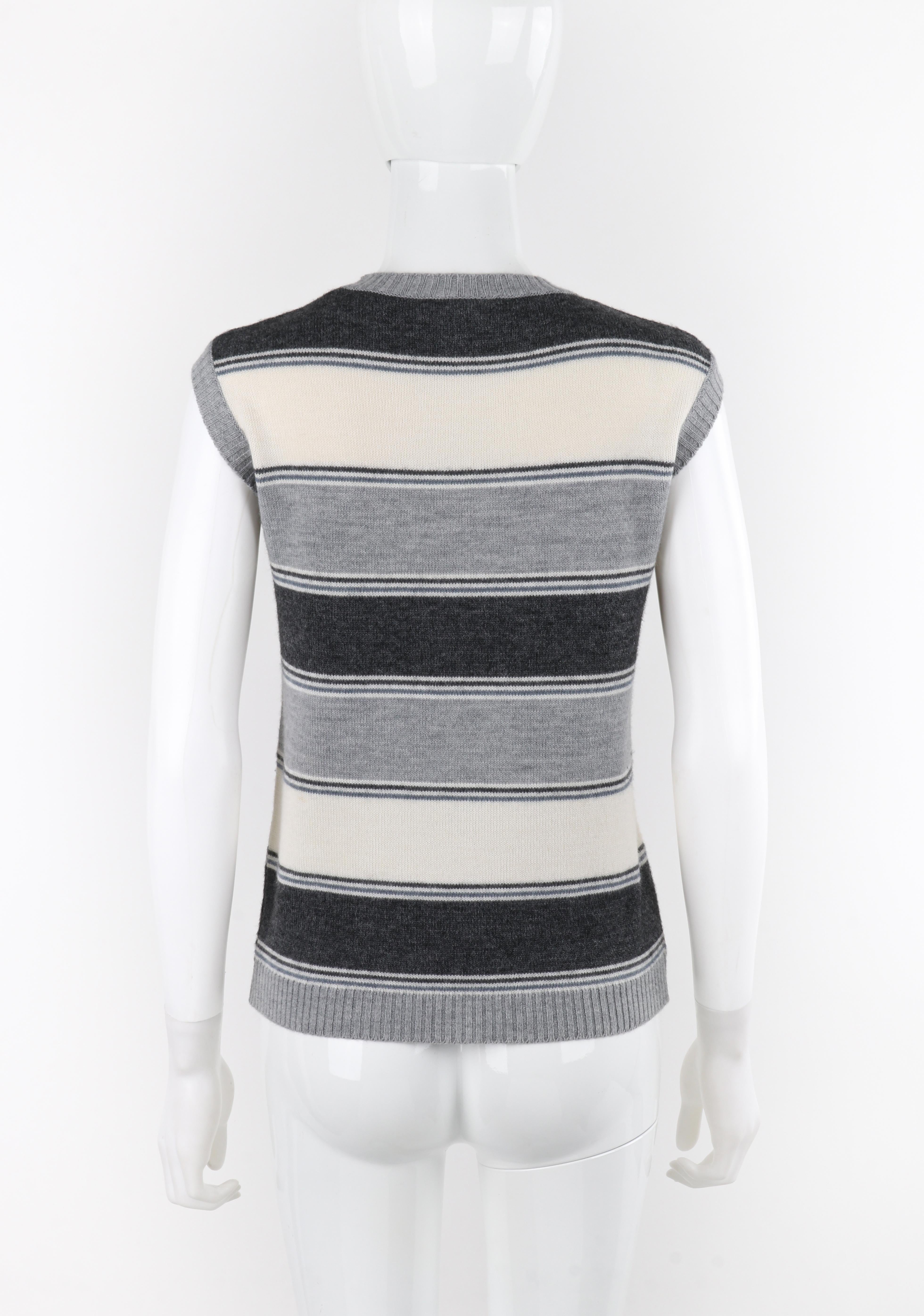 COURREGES c.1970's Gray Striped Wool Knit Sleeveless Pullover Sweater Vest Top 2