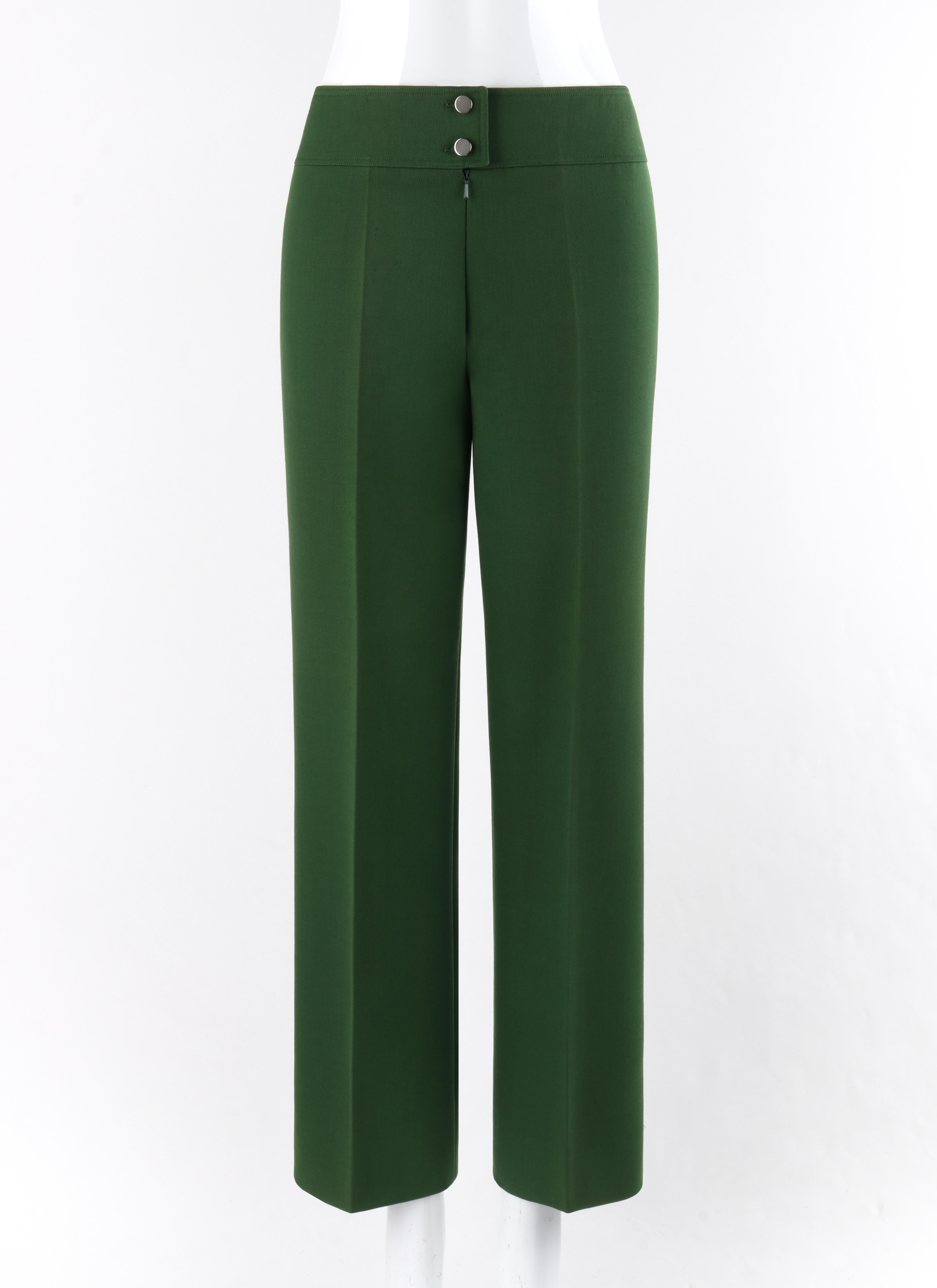 COURREGES c.1970’s Green Fitted Waistband Straight / Wide Leg Trouser Pants

Circa: 1970’s
Label(s): Courreges Paris
Designer: Andre Courreges
Style: Wide leg trousers
Color(s): Green
Lined: Yes
Marked Fabric Content: “100% Wool” (shell); “100%