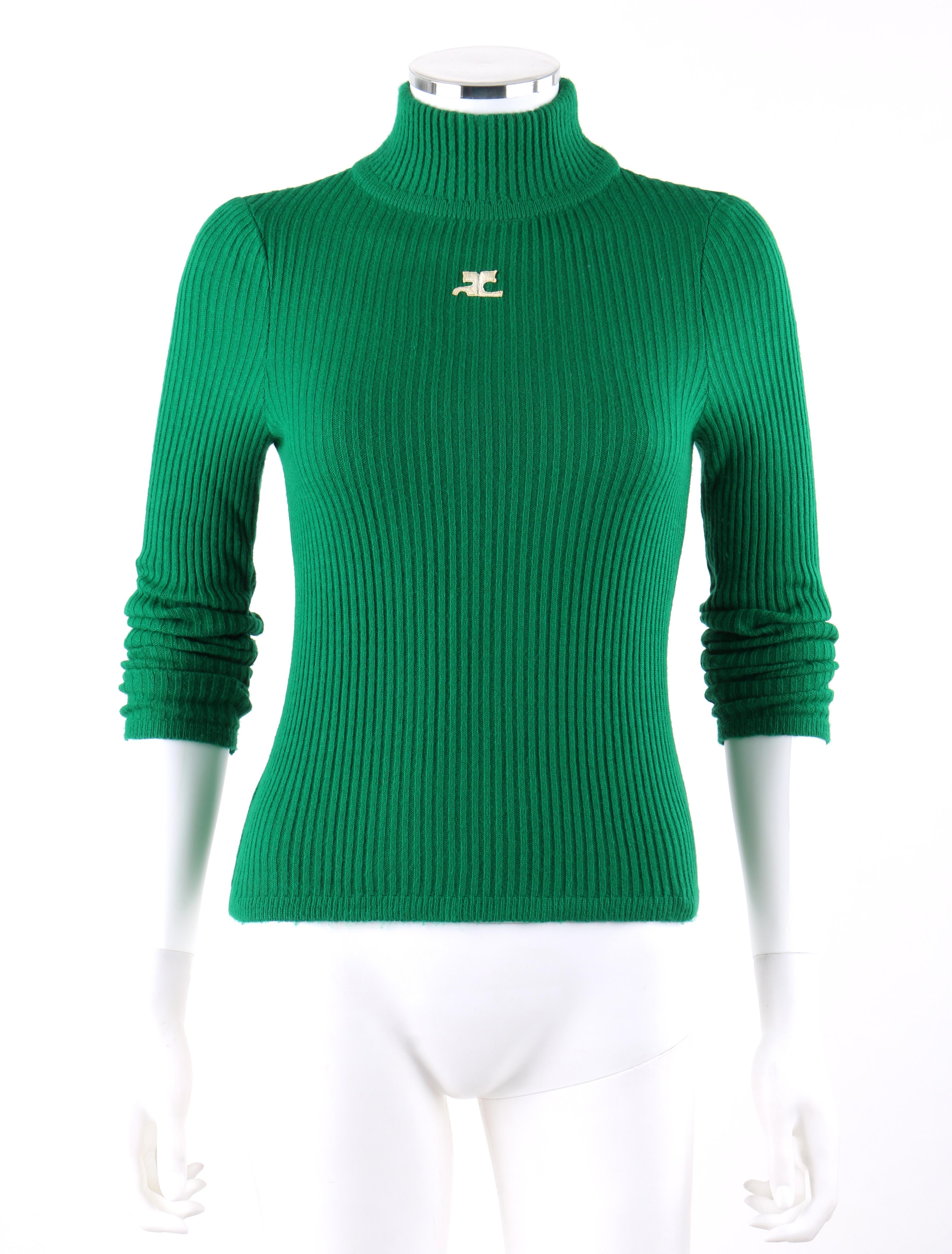 COURREGES c.1970’s Green Ribbed Knit Mock Neck Fitted Sweater 
 
Circa: 1970’s
Label(s): Courreges Paris  
Style: Sweater
Color(s): Green
Lined: No
Marked Fabric Content: 100% Acrylic 
Additional Details / Inclusions: Turtleneck; long sleeves;