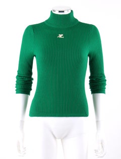 COURREGES c.1970's Grün gerippt stricken Mock Neck Fitted Pullover