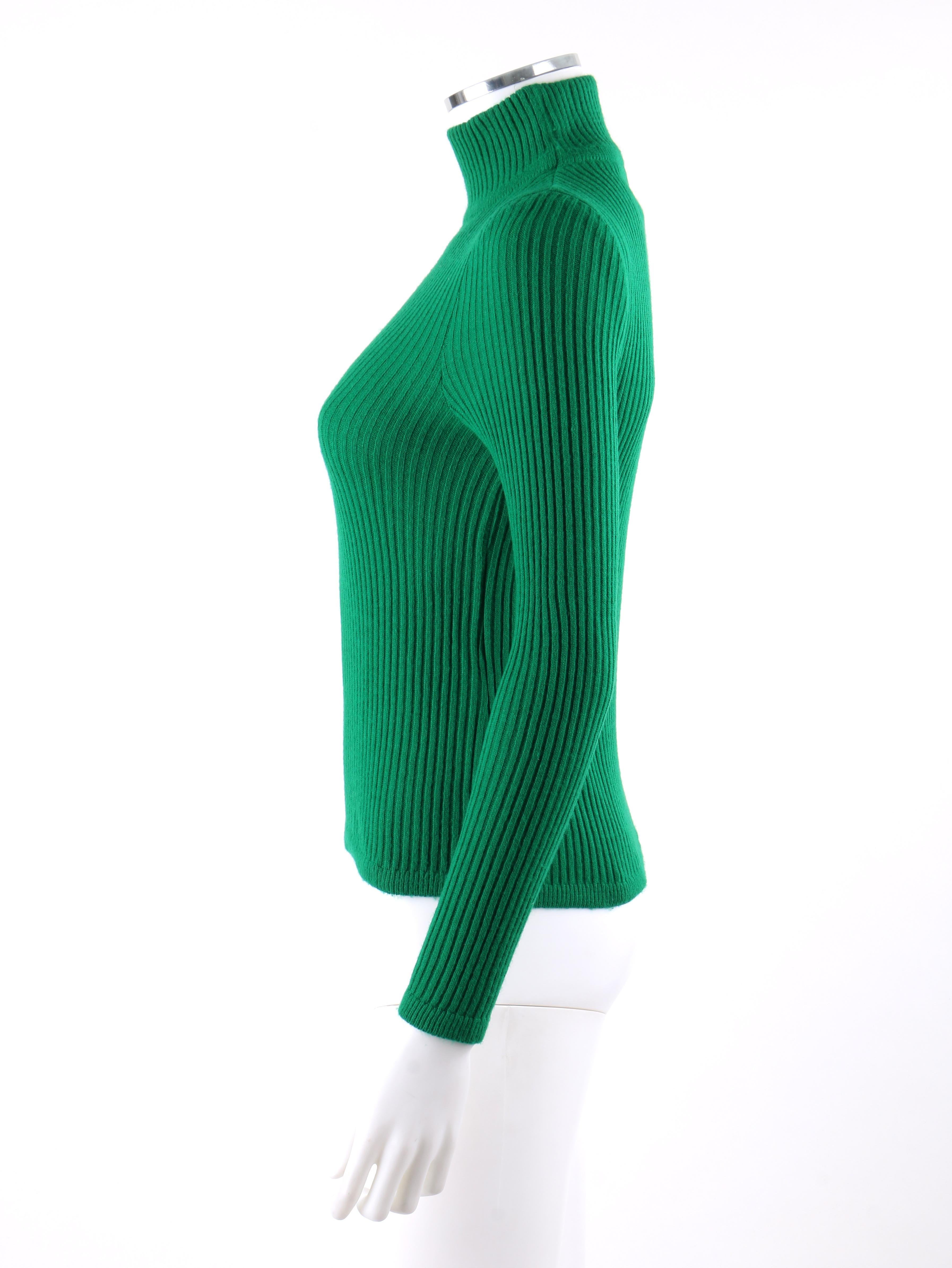 COURREGES c.1970’s Green Ribbed Knit Mock Neck Fitted Sweater In Good Condition In Thiensville, WI