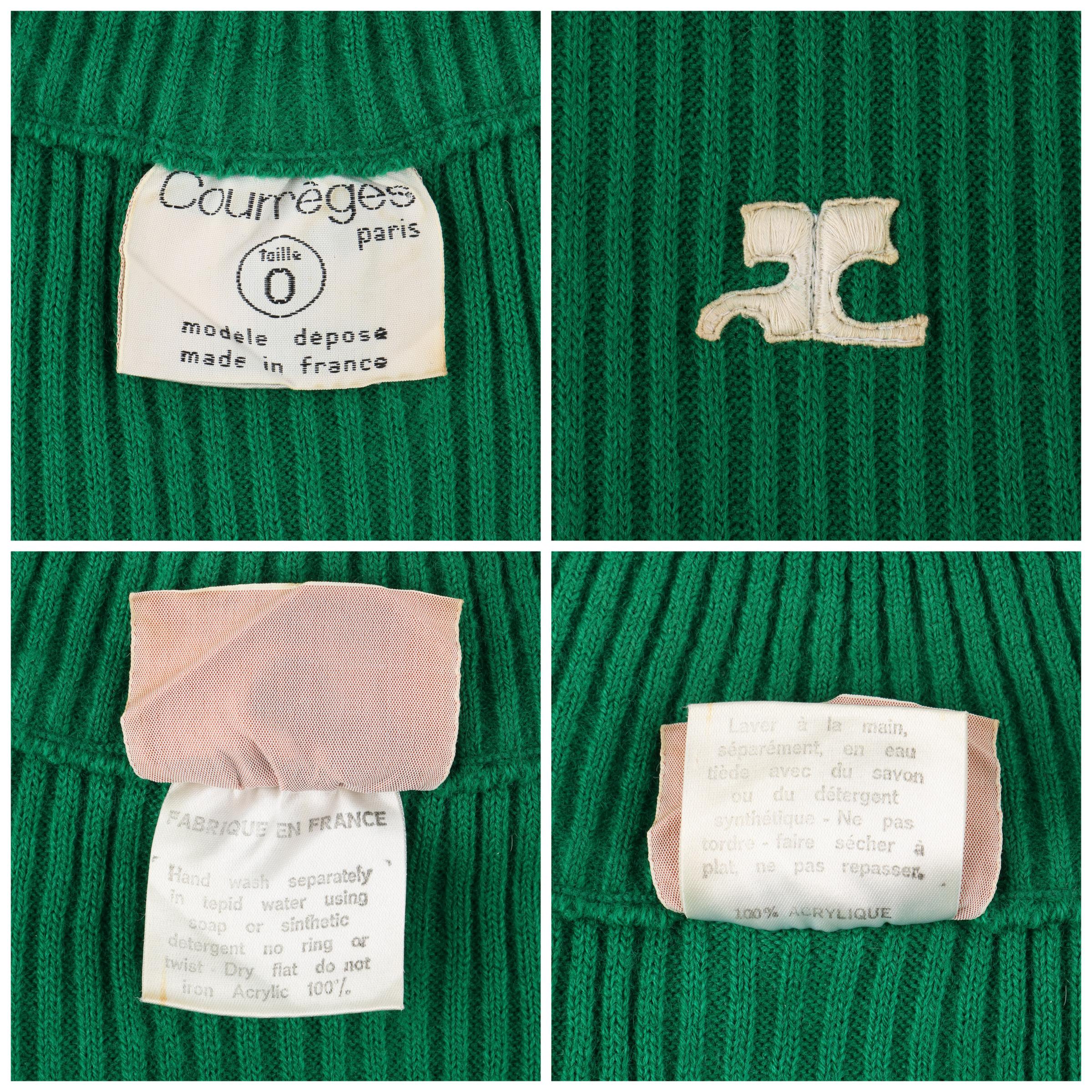 Women's COURREGES c.1970’s Green Ribbed Knit Mock Neck Fitted Sweater