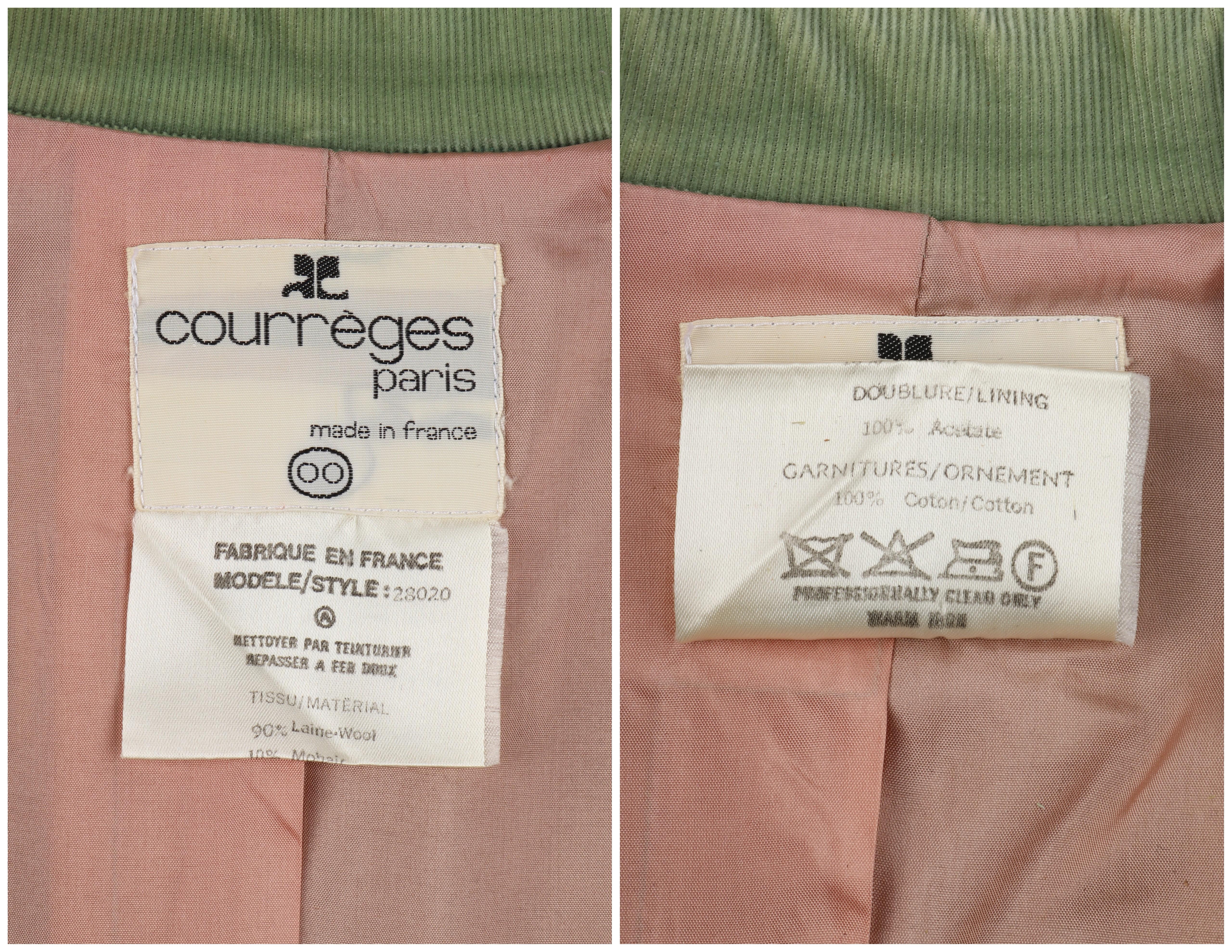 COURREGES c.1970's Chaqueta Blazer Verde de Pana de Lana y Mohair con Botones Delanteros 3