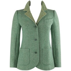 Blazer Courrèges en tweed laine mohair et velours côtelé vert avec boutons à l'avant, circa années 1970