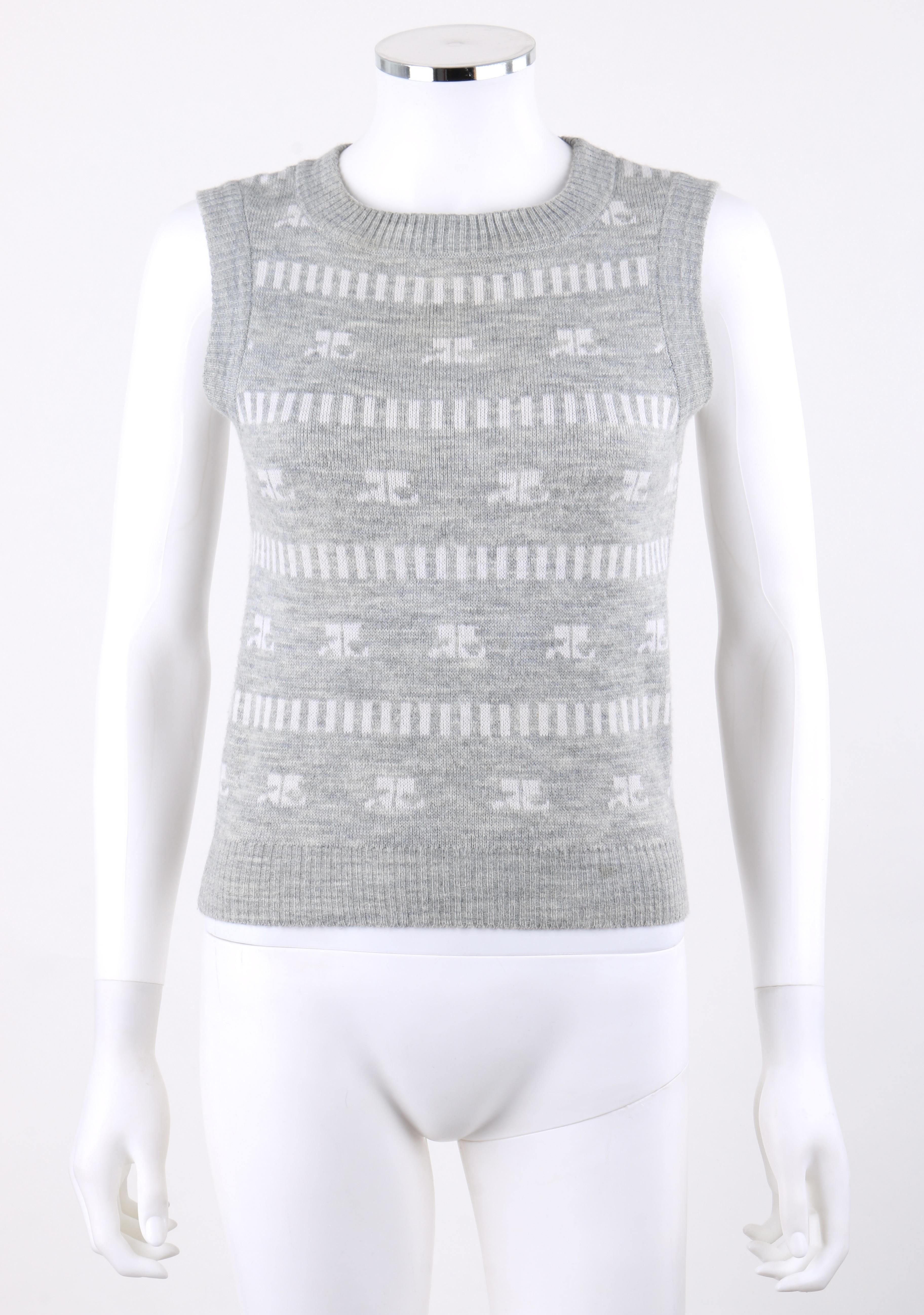 DESCRIPTION: COURREGES c.1970's Grey & White Logo Signature Print Knit Sweater Vest 
 
Circa: c.1970's
Label(s): Courreges Paris
Style: Sweater vest
Color(s): Grey and white
Lined: No
Marked Fabric Content: 100% acrylic
Additional Details /