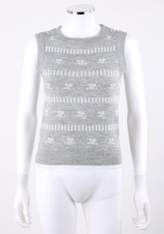 COURREGES c.1970's Grey & White Logo Signature Print Knit Sweater Vest
