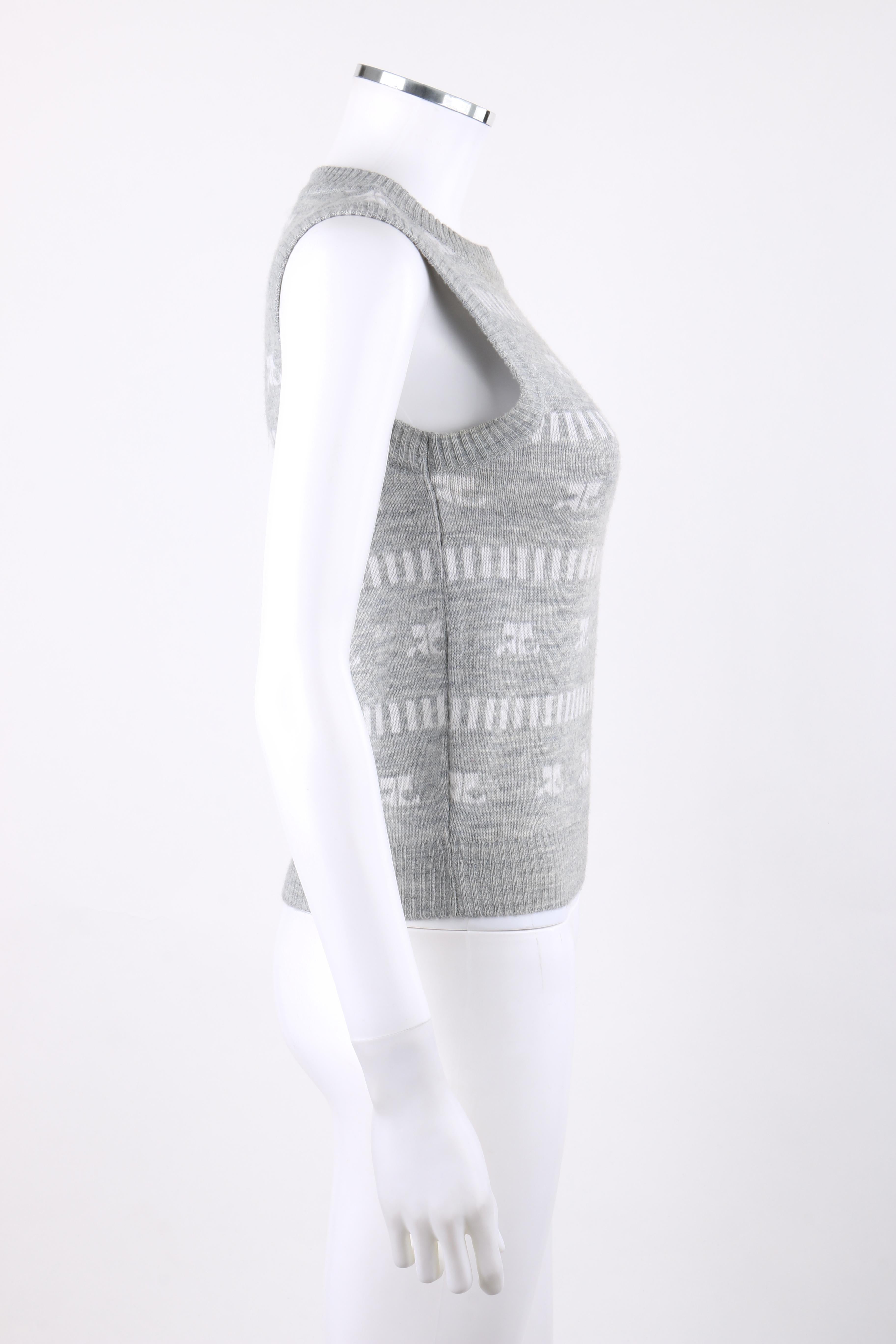 Gray COURREGES c.1970's Grey & White Logo Signature Print Knit Sweater Vest  For Sale