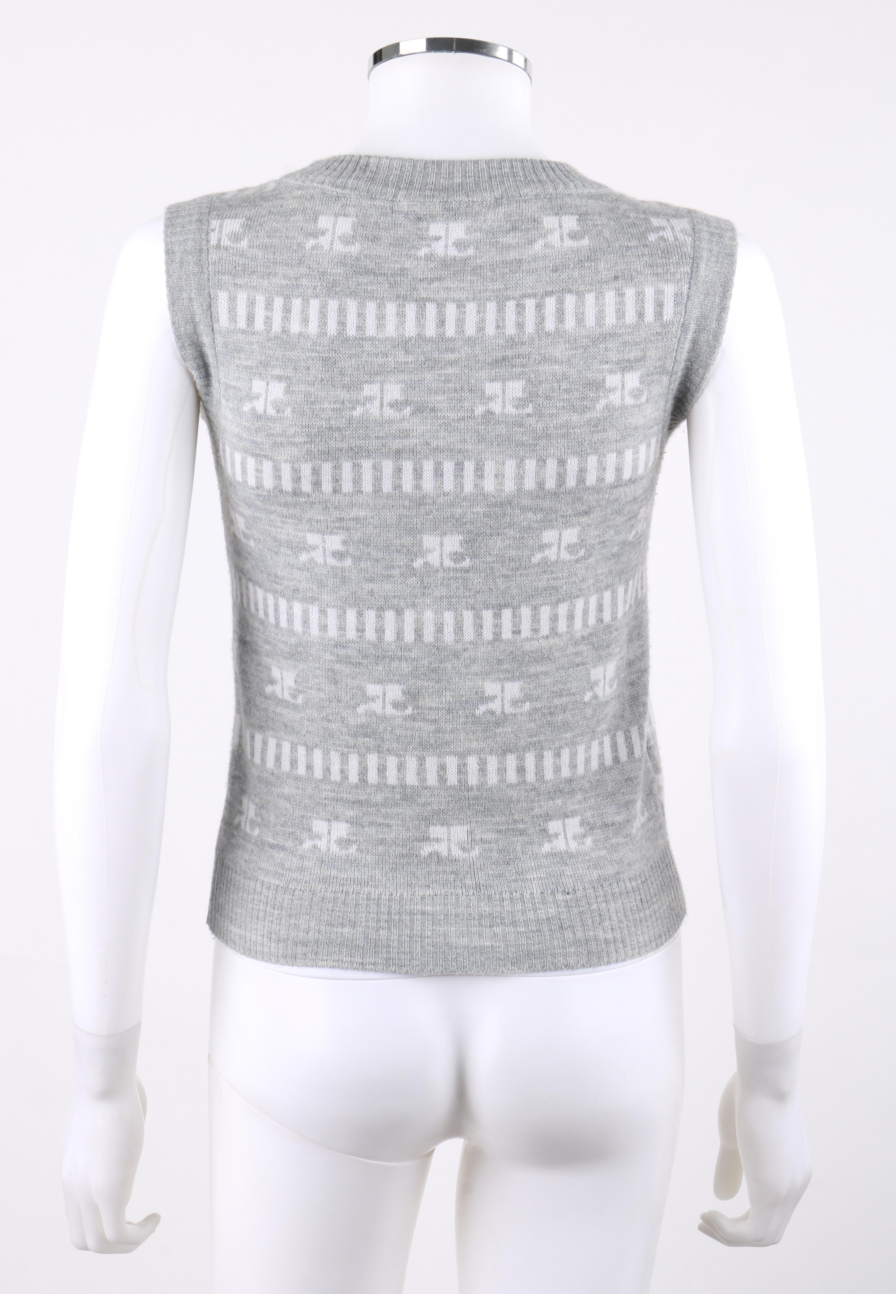 COURREGES c.1970's Grey & White Logo Signature Print Knit Sweater Vest  In Good Condition For Sale In Thiensville, WI