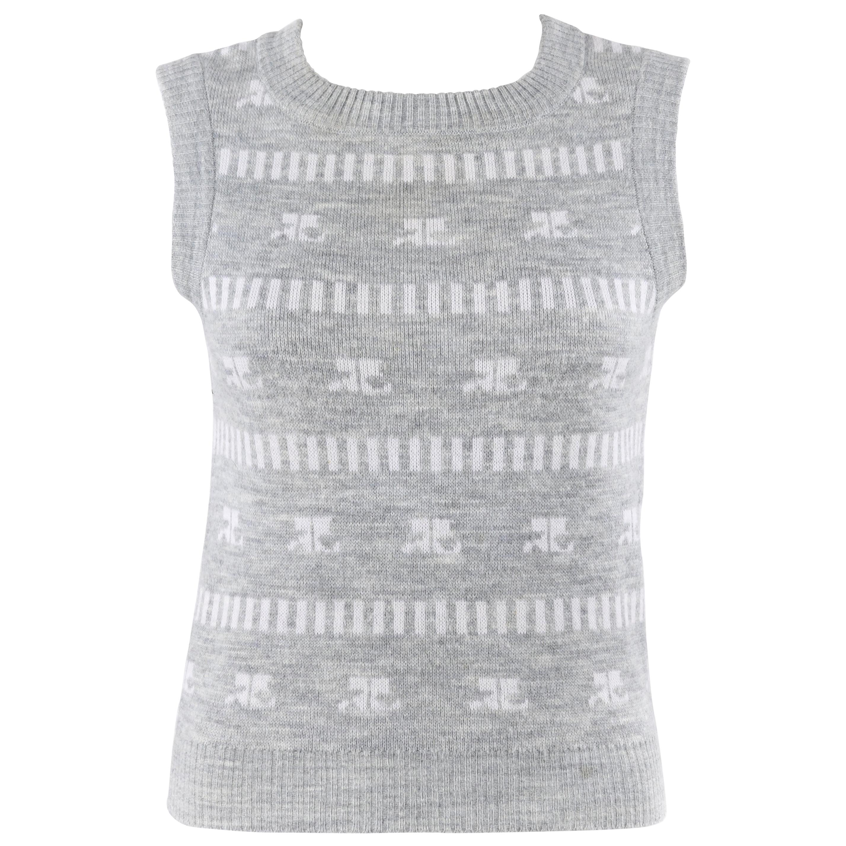 COURREGES c.1970's Grey & White Logo Signature Print Knit Sweater Vest  For Sale