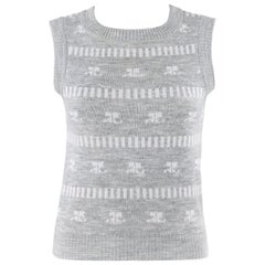 COURREGES c.1970's Grey & White Logo Signature Print Knit Sweater Vest 